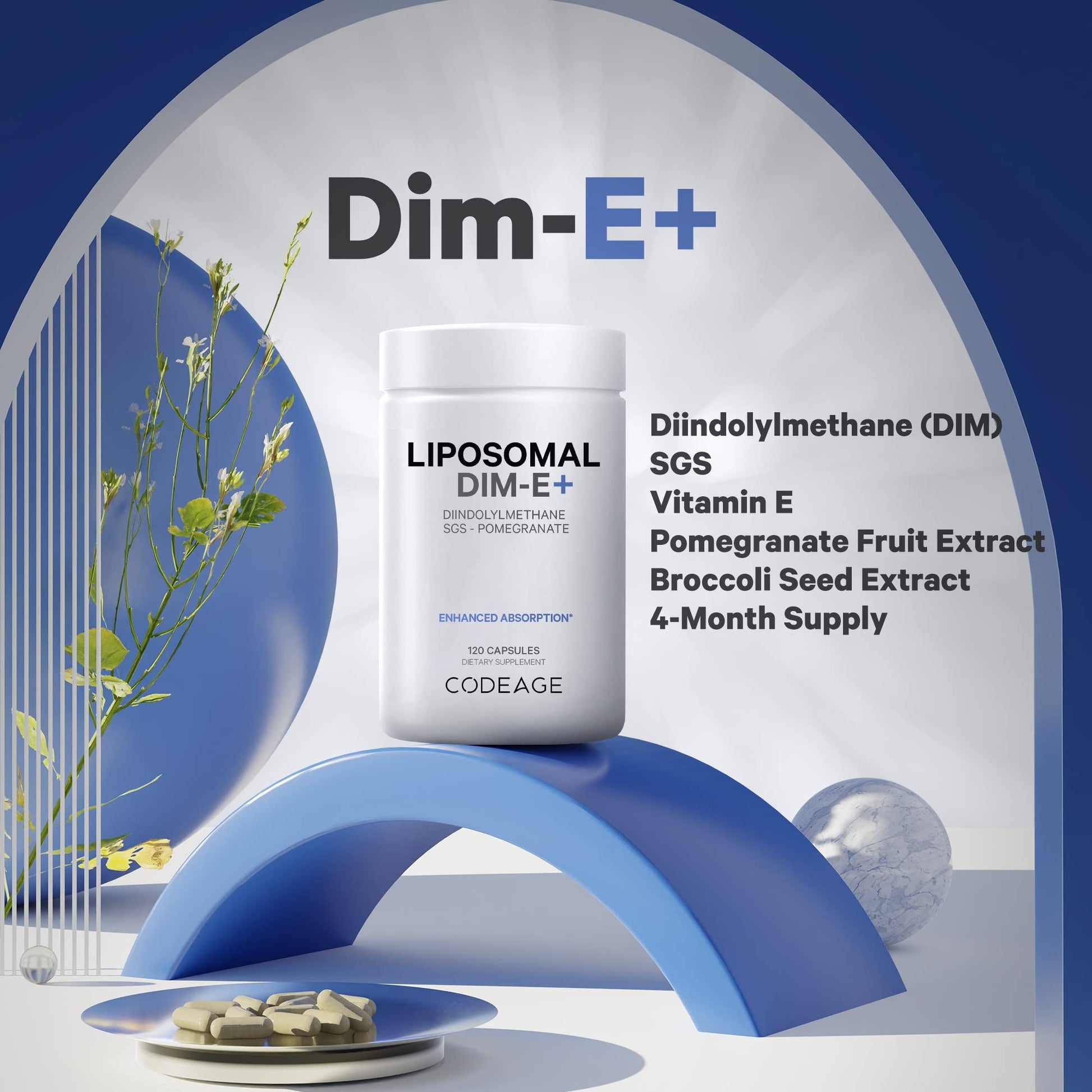 Codeage Liposomal DIM Supplement - 4 Months Supply of DIM Vitamins and SGS, Pomegranate, Broccoli, Vitamin E Isomers Tocopherols Alpha Beta Gamma Delta - Liposomal Formula - Gluten-Free - 120 Capsules CodeageAu supplements