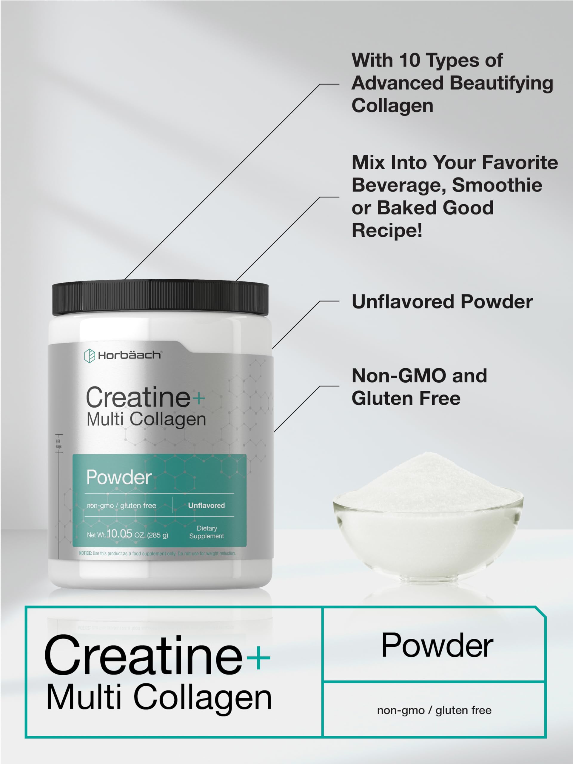 Horbäach Creatine Monohydrate Powder | with Collagen and L-Taurine | 10.05 oz | Unflavored | for Women and Men | Non-GMO, Gluten Free HorbäachAu supplements