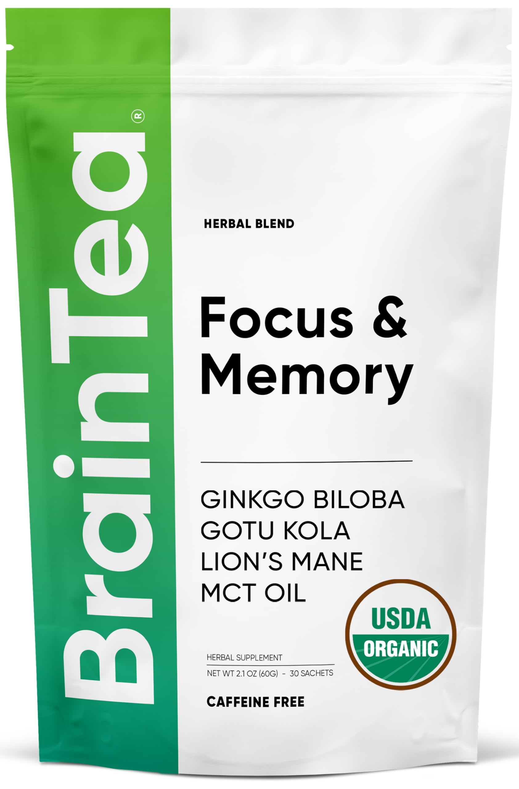 Brain Tea Focus & Memory - Brain Tea Organic Certified 4-in-1 Nootropic Herbal Supplement with Ginkgo Biloba, Gotu Kola, Lion’s Mane Mushroom, MCT Caffeine-Free for Mental Clarity (30 Sachets) Brain TeaAu supplements