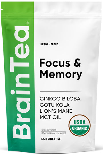Brain Tea Focus & Memory - Brain Tea Organic Certified 4-in-1 Nootropic Herbal Supplement with Ginkgo Biloba, Gotu Kola, Lion’s Mane Mushroom, MCT Caffeine-Free for Mental Clarity (30 Sachets) Brain TeaAu supplements