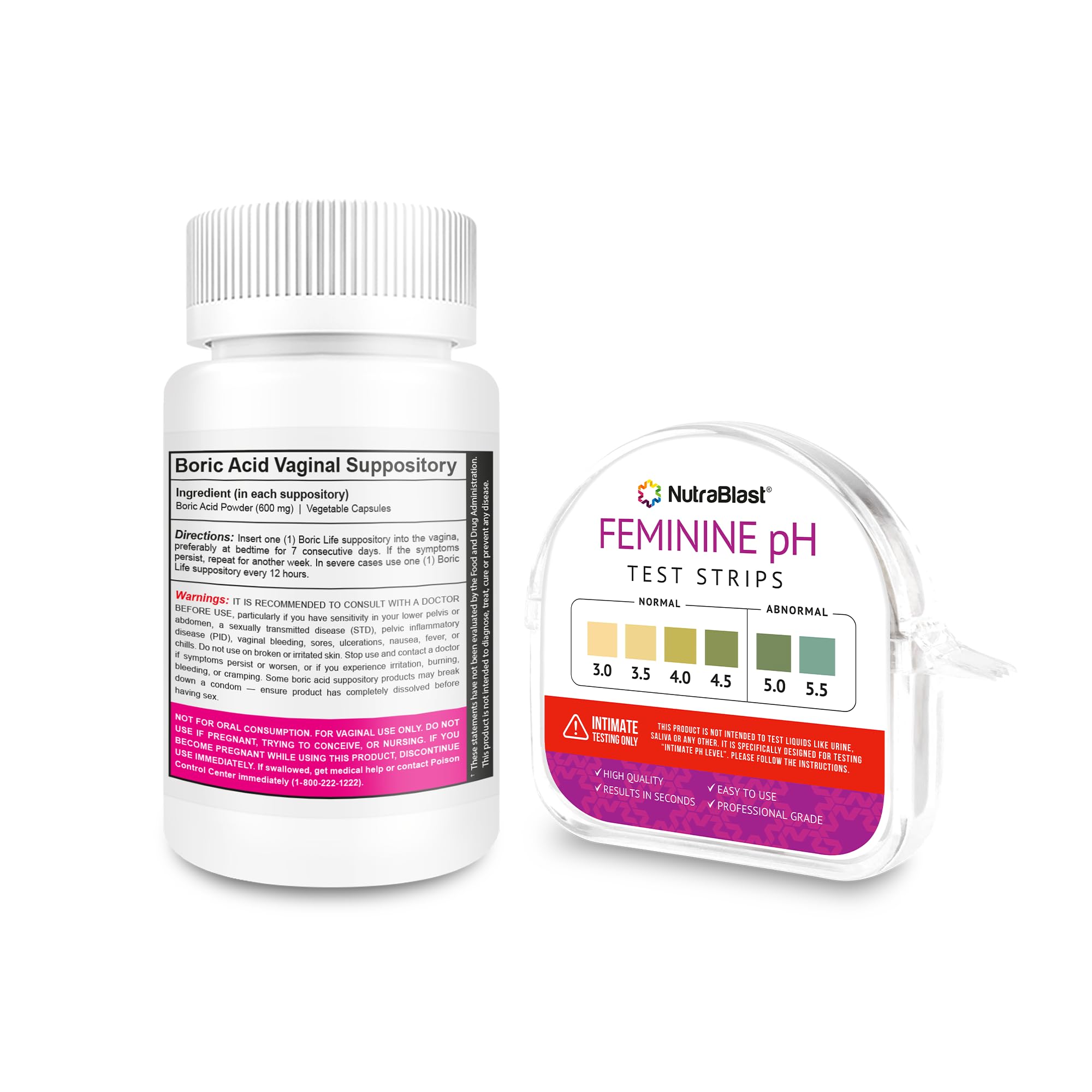 NutraBlast Boric Acid Suppositories 600mg (30 Count) Bundle with Feminine pH Test Strips 3.0-5.5 (100 Tests Roll) | Monitor Intimate Health | Accurate Women’s Acidity & Alkalinity NutraBlastUS supplements
