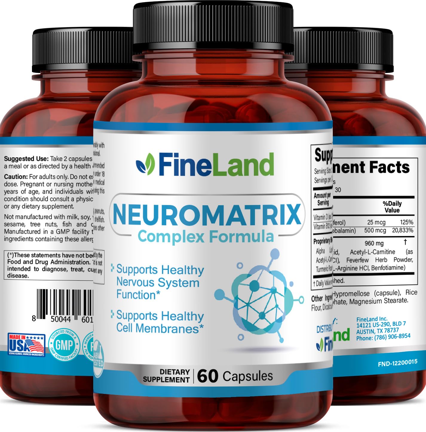 FineLand NEUROMATRIX Complex Formula, Advanced Cognitive and Nerve Support Supplement, High Potency Vitamin B12, Alpha Lipoic Acid and Acetyl-L-Carnitine, 60 Capsules FineLandAu supplements