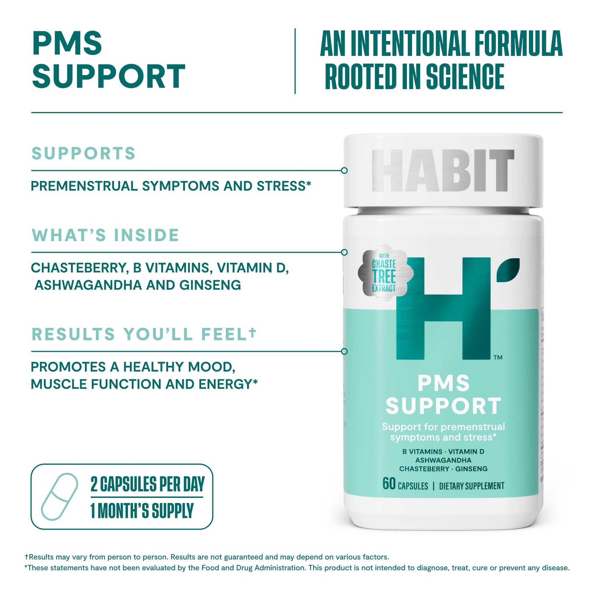 Habit PMS Support Supplement for Women (60 Capsules) - Supports Premenstrual Symptoms & Stress, Hormone Balance, Mood, B Vitamins, Vitamin D, Chasteberry, Ashwagandha, Gluten-Free, Non-GMO (1 Pack) H' HabitAu supplements