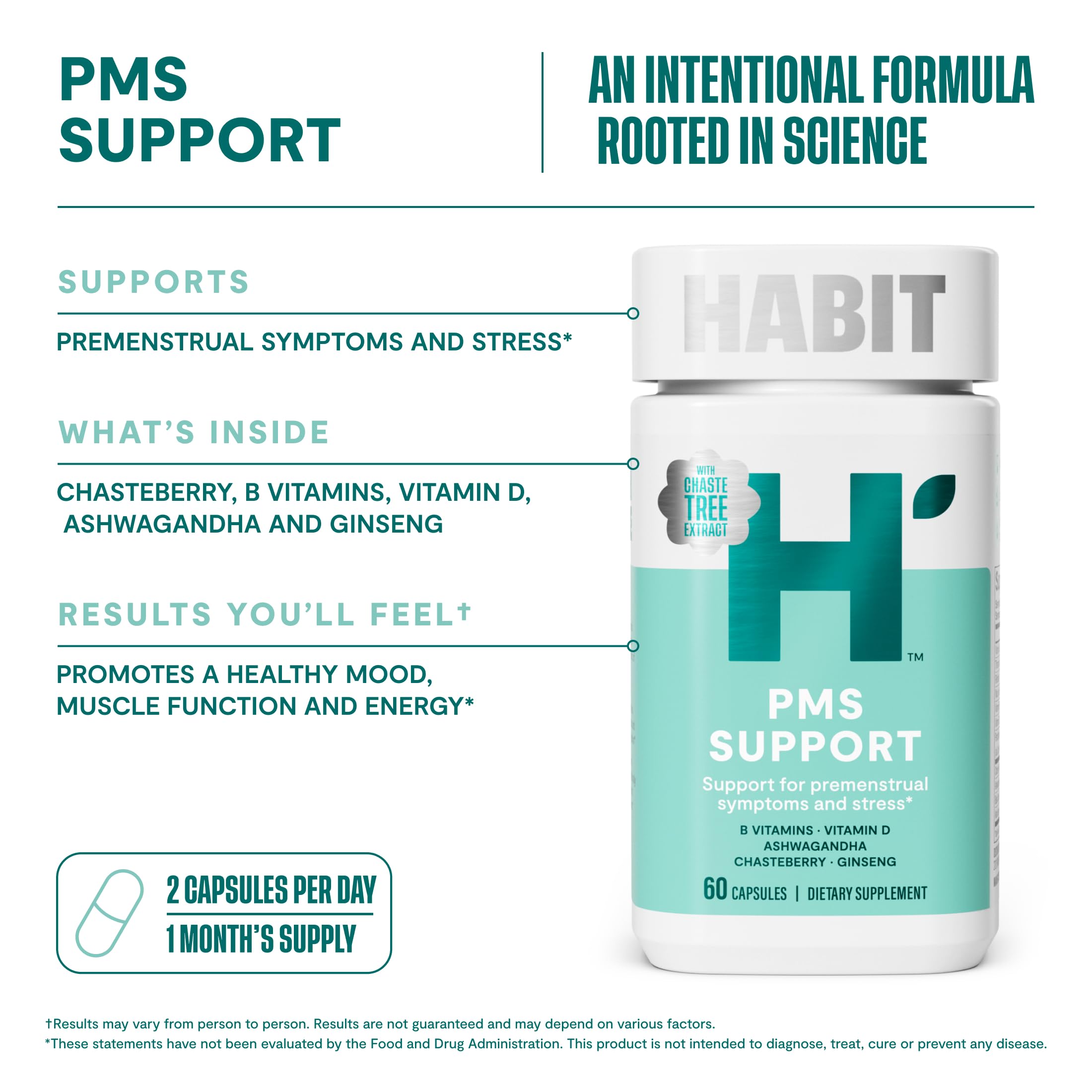 Habit PMS Support Supplement for Women (60 Capsules) - Supports Premenstrual Symptoms & Stress, Hormone Balance, Mood, B Vitamins, Vitamin D, Chasteberry, Ashwagandha, Gluten-Free, Non-GMO (1 Pack) H' HabitAu supplements