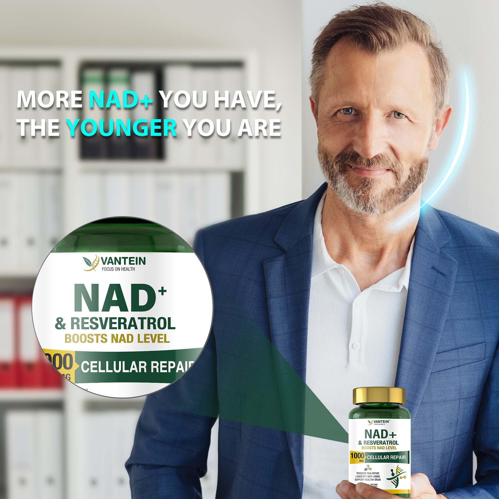 TEATTY NAD+ & Resveratrol Supplement - NMN Alternative with 120 Capsules, Anti-Aging Cellular Support, Energy & Longevity Booster, DNA Repair Formula TEATTYAu supplements