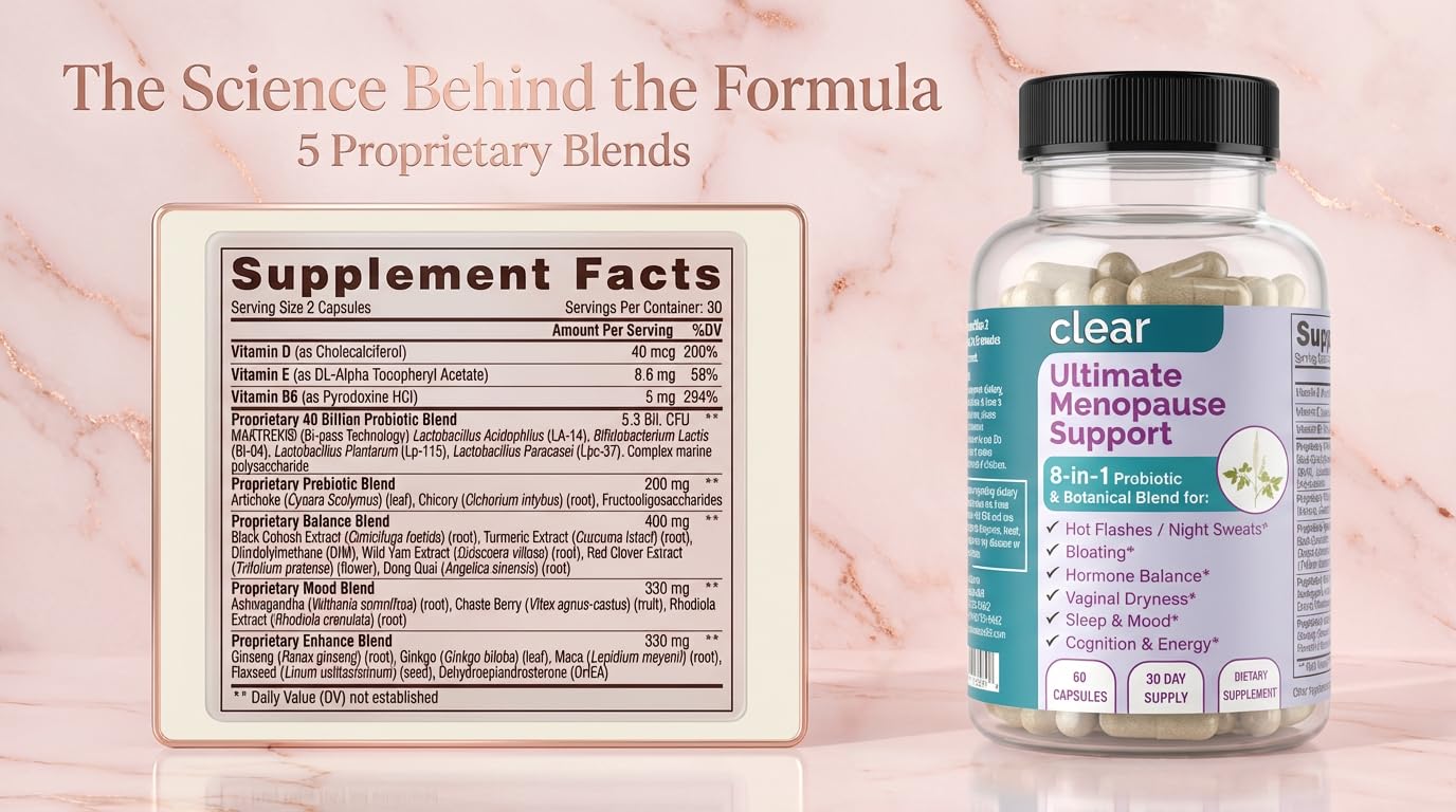 Clear Menopause Support for Women | 25-in-1 Formula with Black Cohosh, Dong Quai, Pre & Probiotics | Hot Flashes, Night Sweats, Mood, Sleep & Digestion | Hormone-Free | Made in USA | 60 Capsules Clear ProbioticsAu supplements