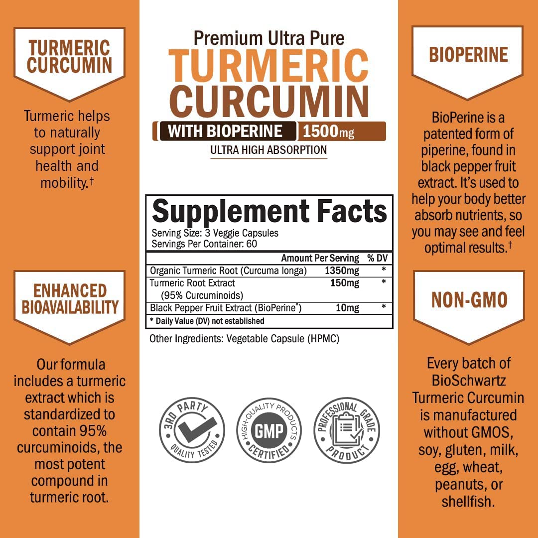 Turmeric Curcumin with Black Pepper Extract 1500mg - High Absorption BioSchwartzUS supplements