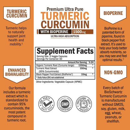 Turmeric Curcumin with Black Pepper Extract 1500mg - High Absorption BioSchwartzUS supplements