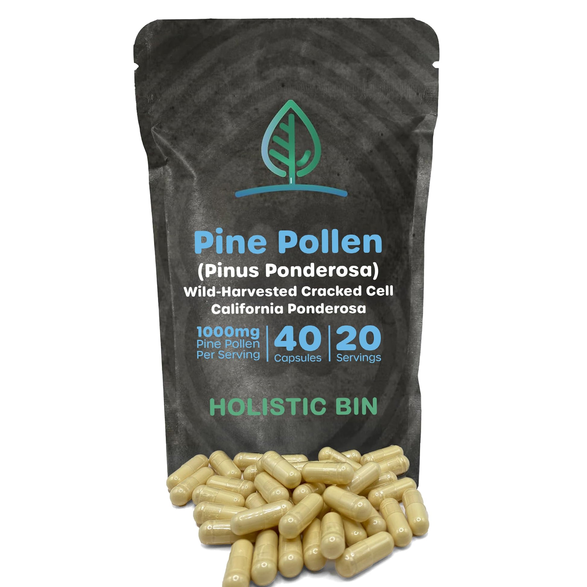 Holistic Bin Pine Pollen Capsules 500mg (Pinus Ponderosa) - Wild Harvested California Ponderosa Pine Pollen Powder - Olympic Grade - Organic, Non-GMO, No Fillers - 30 Day Supply (40 Capsules) Holistic BinAu supplements