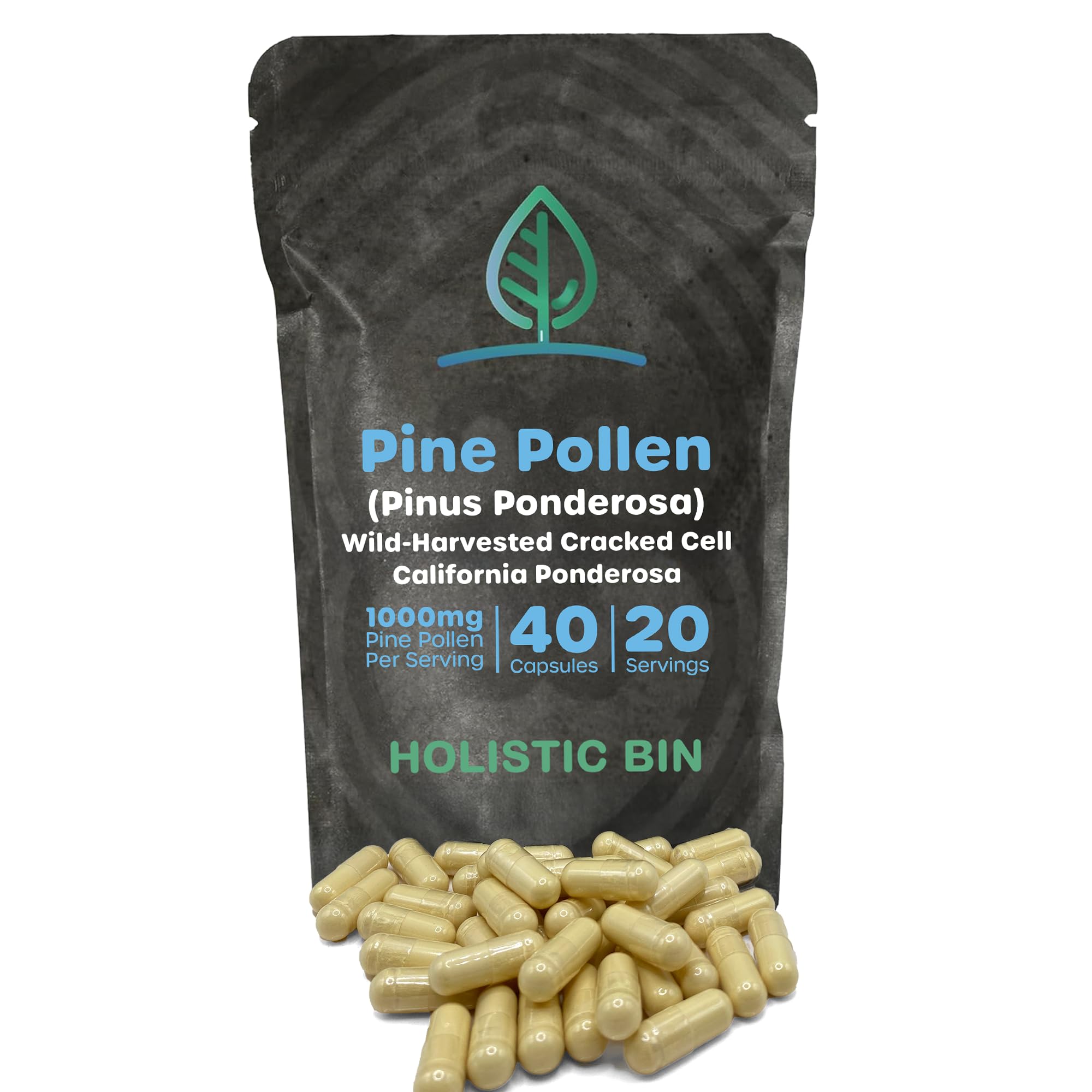 Holistic Bin Pine Pollen Capsules 500mg (Pinus Ponderosa) - Wild Harvested California Ponderosa Pine Pollen Powder - Olympic Grade - Organic, Non-GMO, No Fillers - 30 Day Supply (40 Capsules) Holistic BinAu supplements