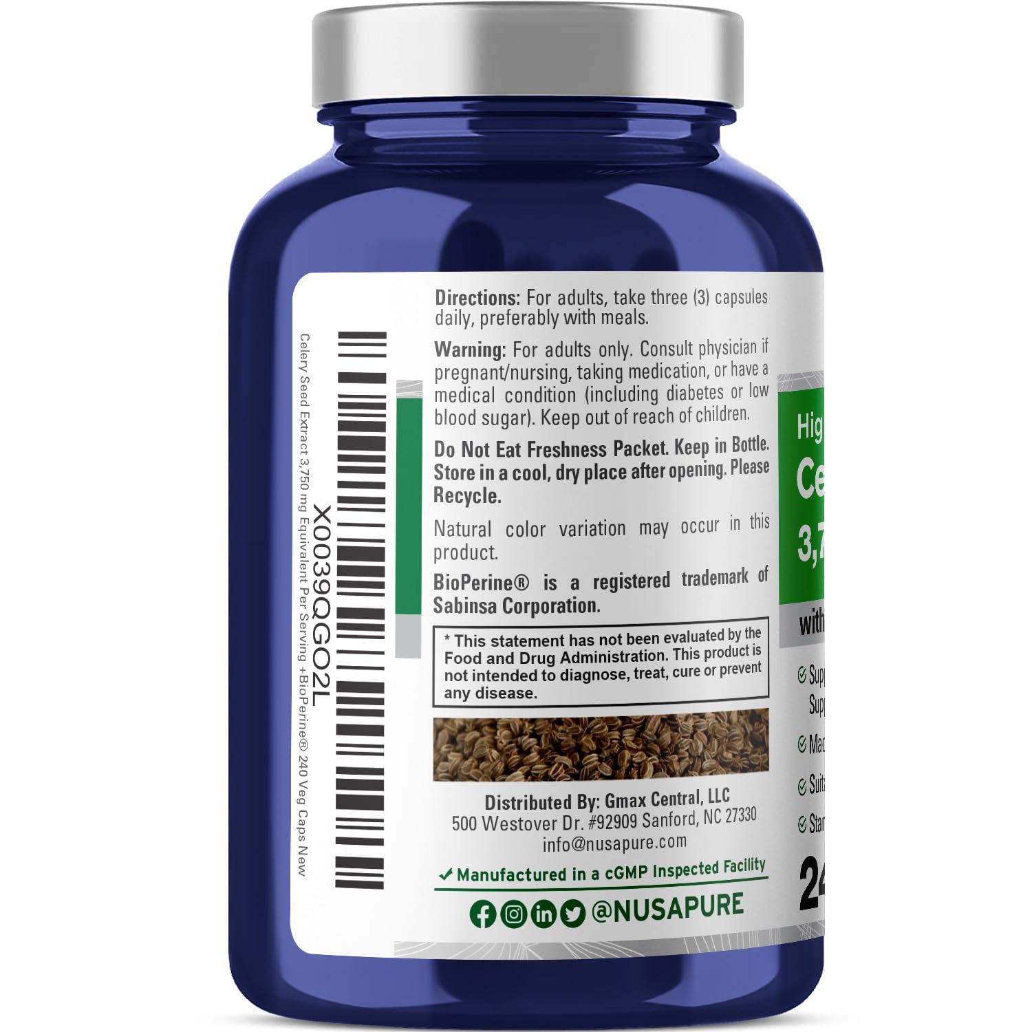 NusaPure Celery Seed Capsules 10:1 Extract, 375 mg Equivalent to 3750mg, 240 Veggie Caps, Non-GMO, Vegan NusaPureAu supplements