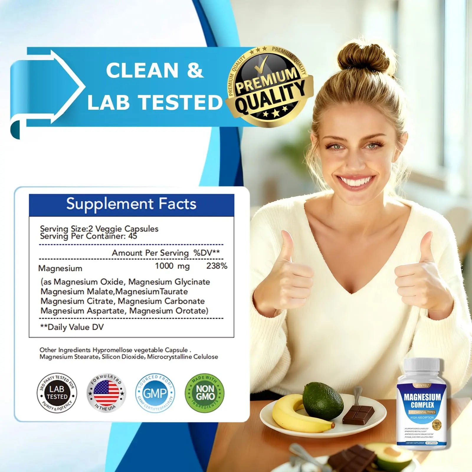 Magnesium Complex Supplement 8 Elemental 1000mg | Magnesium Supplement with Glycinate, Malate, Citrate | Sleep, Relaxation, Bone & Muscle | Vegan 90 Capsules WINYELnz supplements