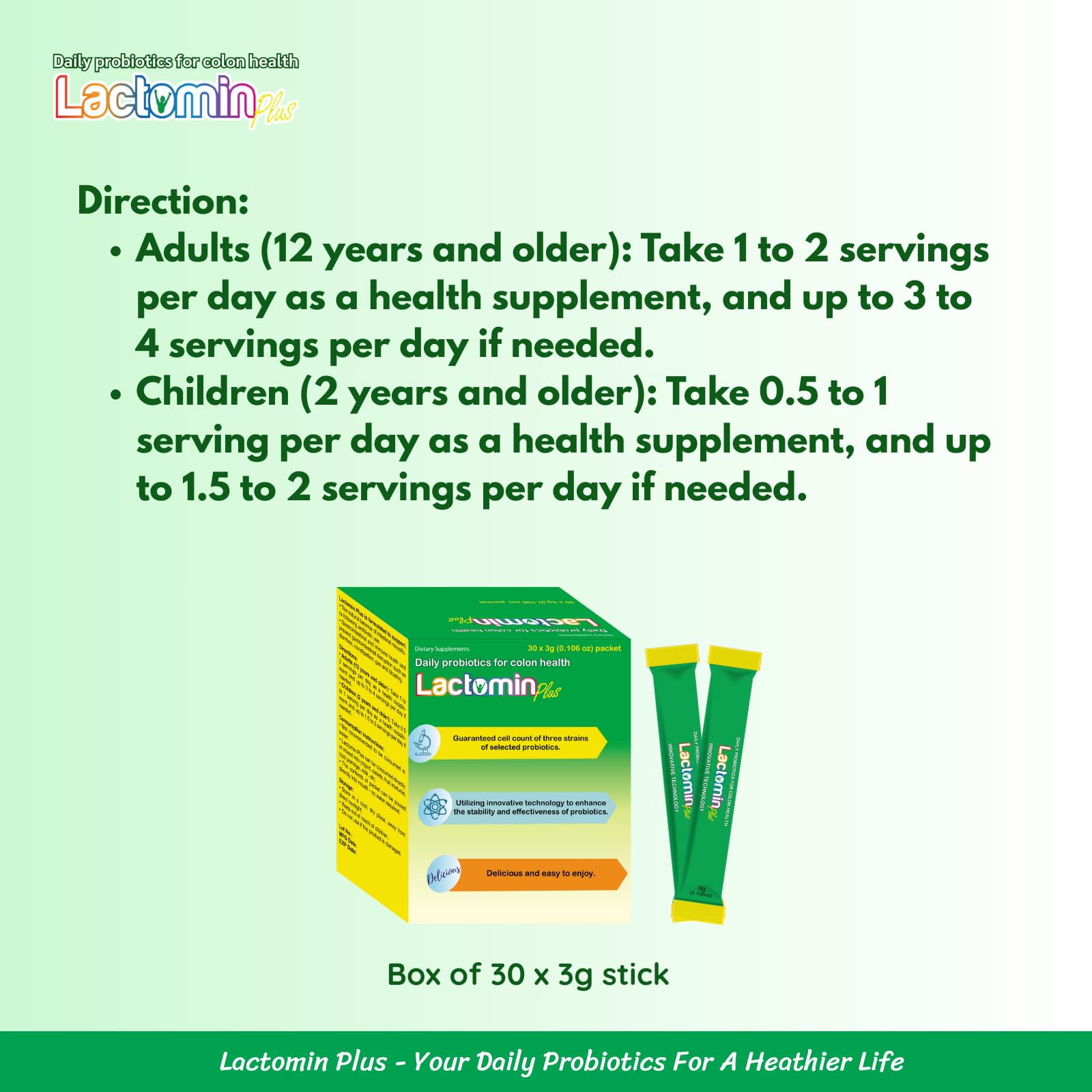 Probiotics - LactominPlus-3 Probiotics Strains - Powder - Sweet Yogurt Flavor - 30 Sticks x 3g (1month), 1.5 Billion CFU, with Prebiotics(FOS), Constipation & Bloating Relief, Microencapsulated LactominAu supplements