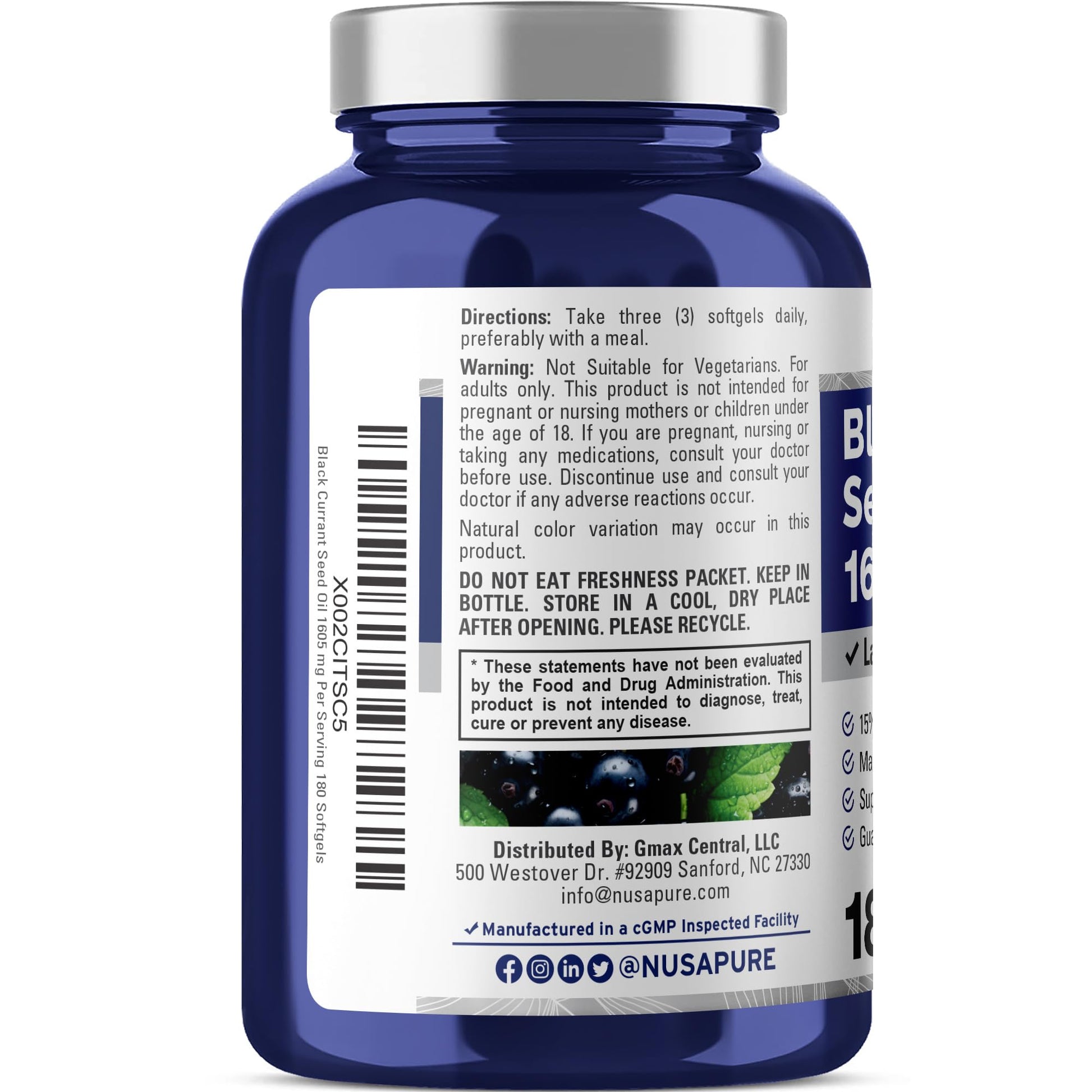NusaPure Black Currant Seed Oil 1605 mg Gamma Linoleic Acid (GLA) 15% 180 Softgels (Non-GMO, Soyfree) NusaPureAu supplements