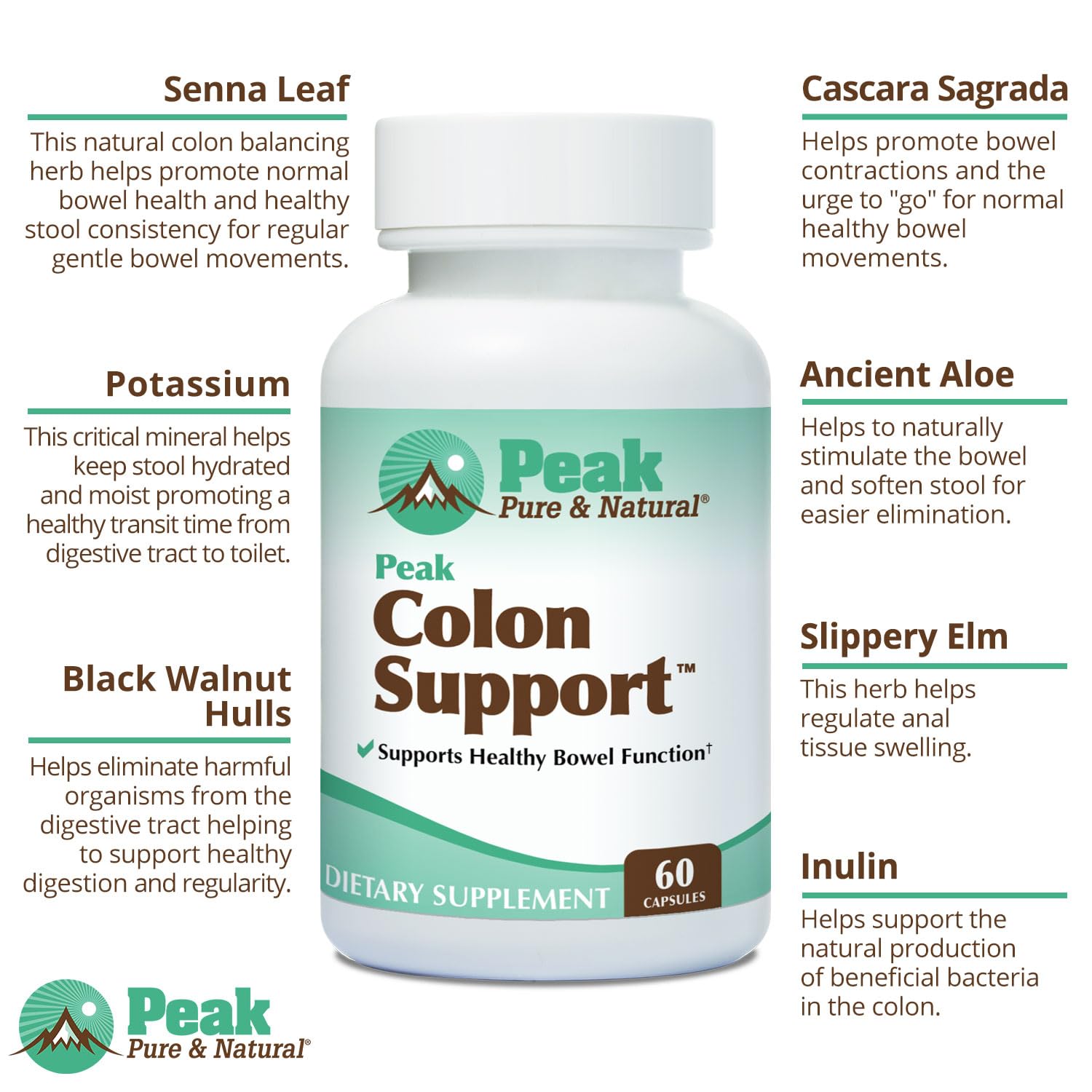 Peak Pure & Natural Colon Support - Colon Cleanse and Detox Supplement for Digestive Health - Gut Health Support with Inulin and Senna Leaf Extracts - with Fiber, Prebiotics, and Probiotics - 1 Pack Peak Pure & NaturalAu supplements
