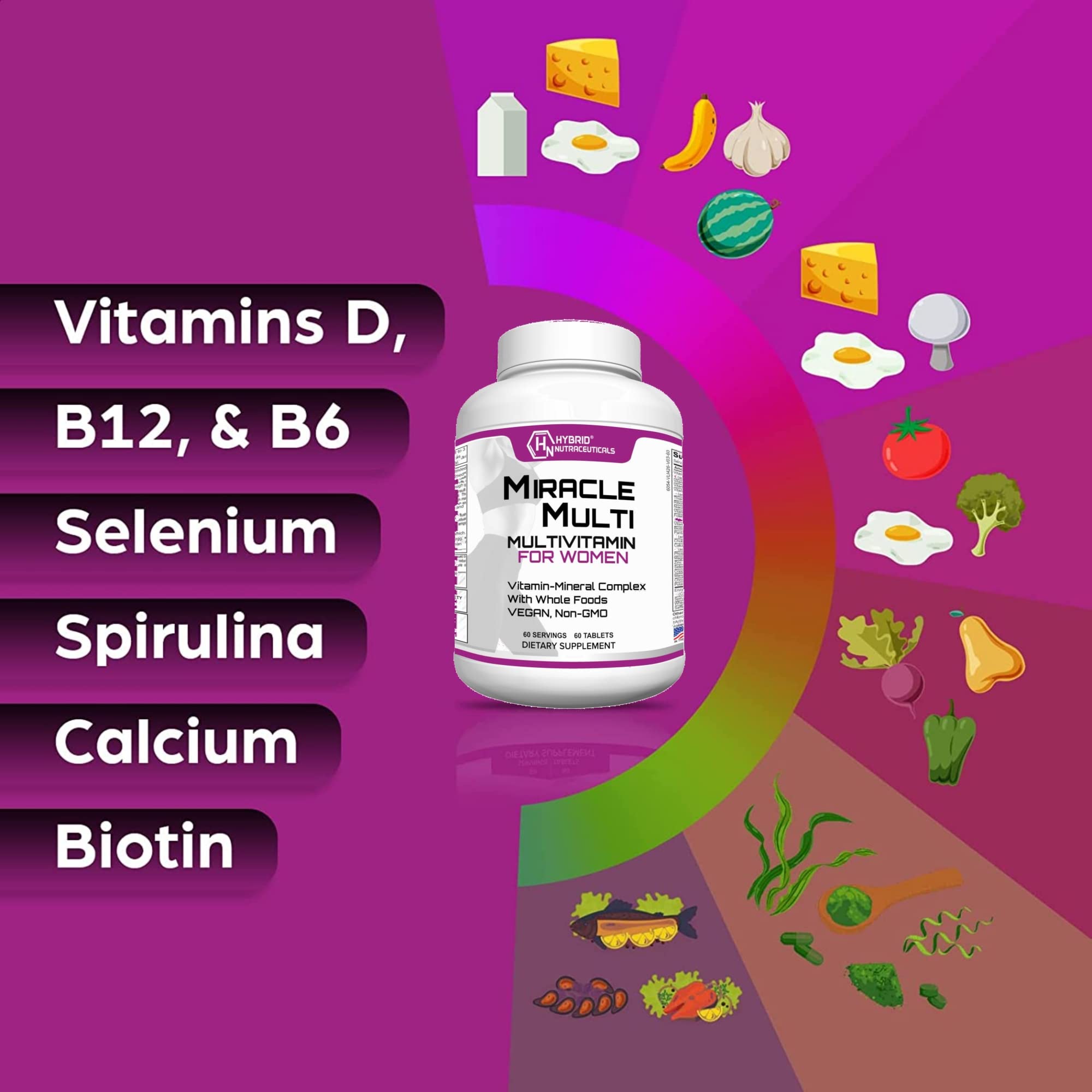 Hybrid Nutraceuticals MiracleMulti Women Multivitamin with Probiotics, Biotin, Folic Acid, Enzymes + Fruit & Vegetable Blend - Immune Support, Heart Health, Energy: 60 Servings (Non-GMO) Hybrid NutraceuticalsAu supplements