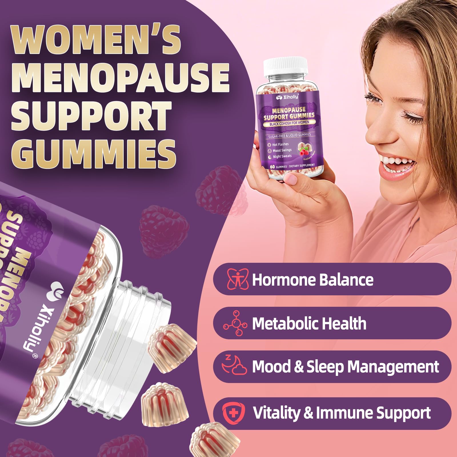 Menopause Supplements for Women with Black Cohosh, Menopause Relief Sugar Free Gummies for Hot Flashes, Natural Female Hormone Balance & Ashwagandha, Magnesium for Night Sweats, Mood Swings, 60 Count XIHOLIYAu supplements