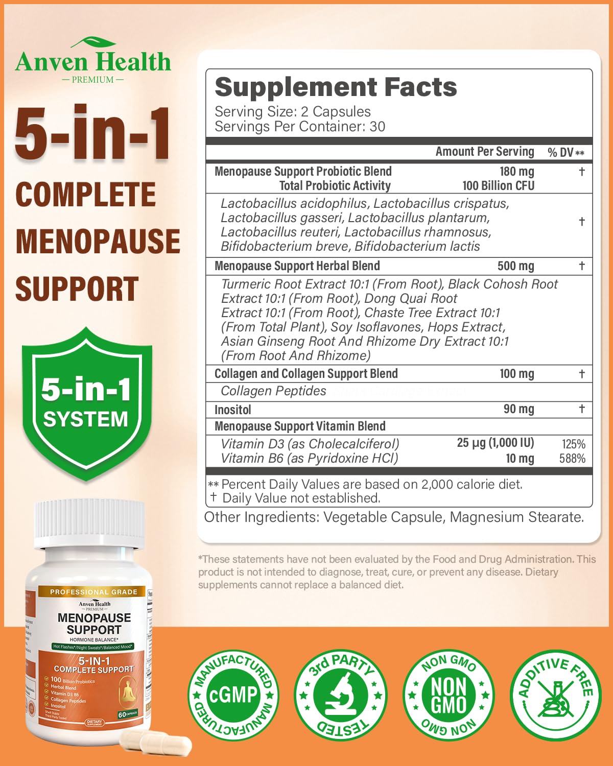 Anven Health Menopause Supplements for Women, Vitamin D3 & B6, Menopause Relief Probiotics Supports Hot Flashes, Night Sweats, Bloating & Gut Health with Black Cohosh, Herbs, Collagen | 60 Veggie Caps Anven HealthAu supplements