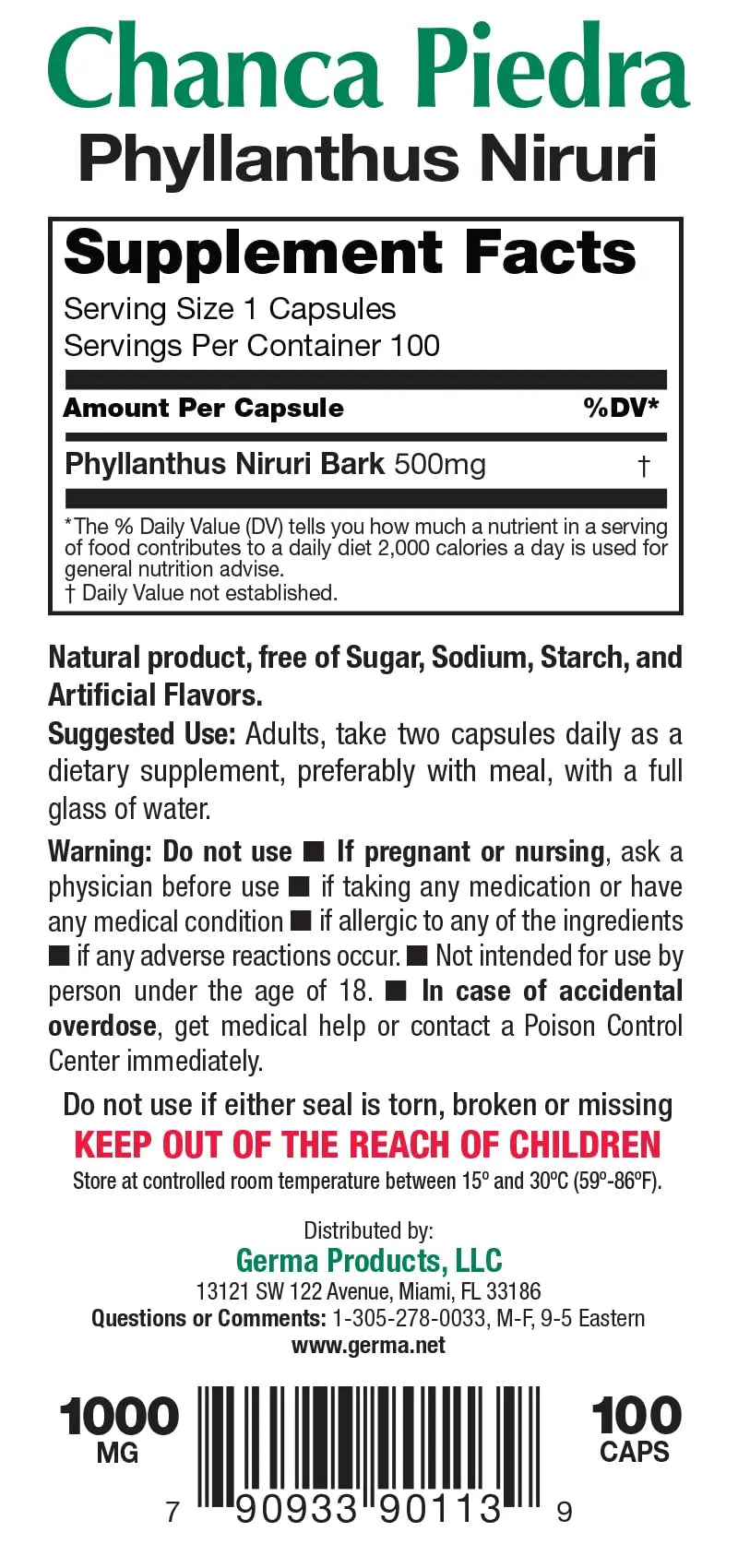 Germa Chanca Piedra Supplement – 500mg Phyllanthus Niruri – Traditional Stone Breaker Herb for Urinary & Kidney Support – Rainforest Botanical – 100% Natural Vegan Capsules, 100 Count GermaAu supplements
