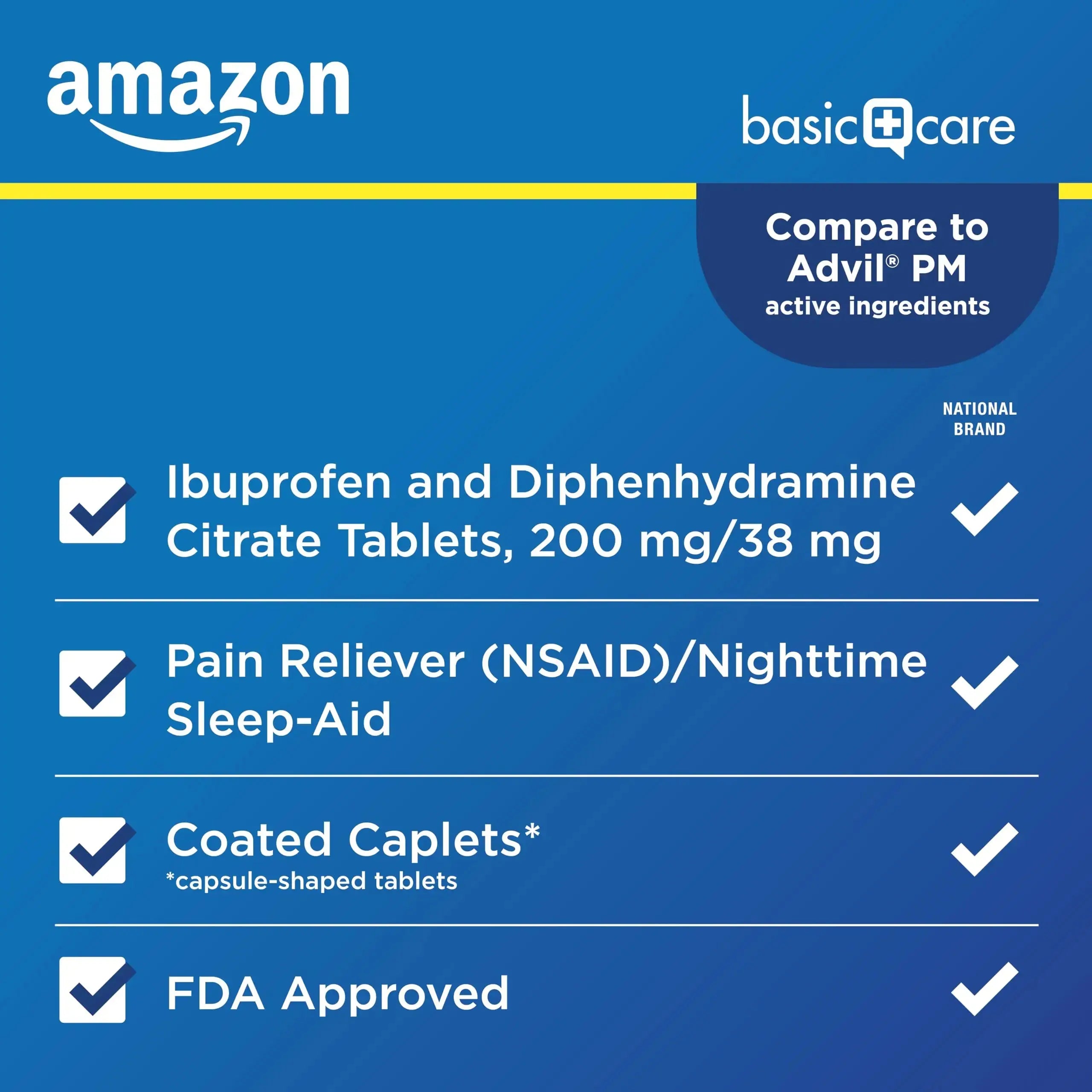 Amazon Basic Care Ibuprofen PM, Ibuprofen 200 mg and Diphenhydramine Citrate 38 mg, Pain Reliever and Nighttime Sleep-Aid, Capsule-Shaped Tablets, 120 Count Amazon Basic CareAu supplements