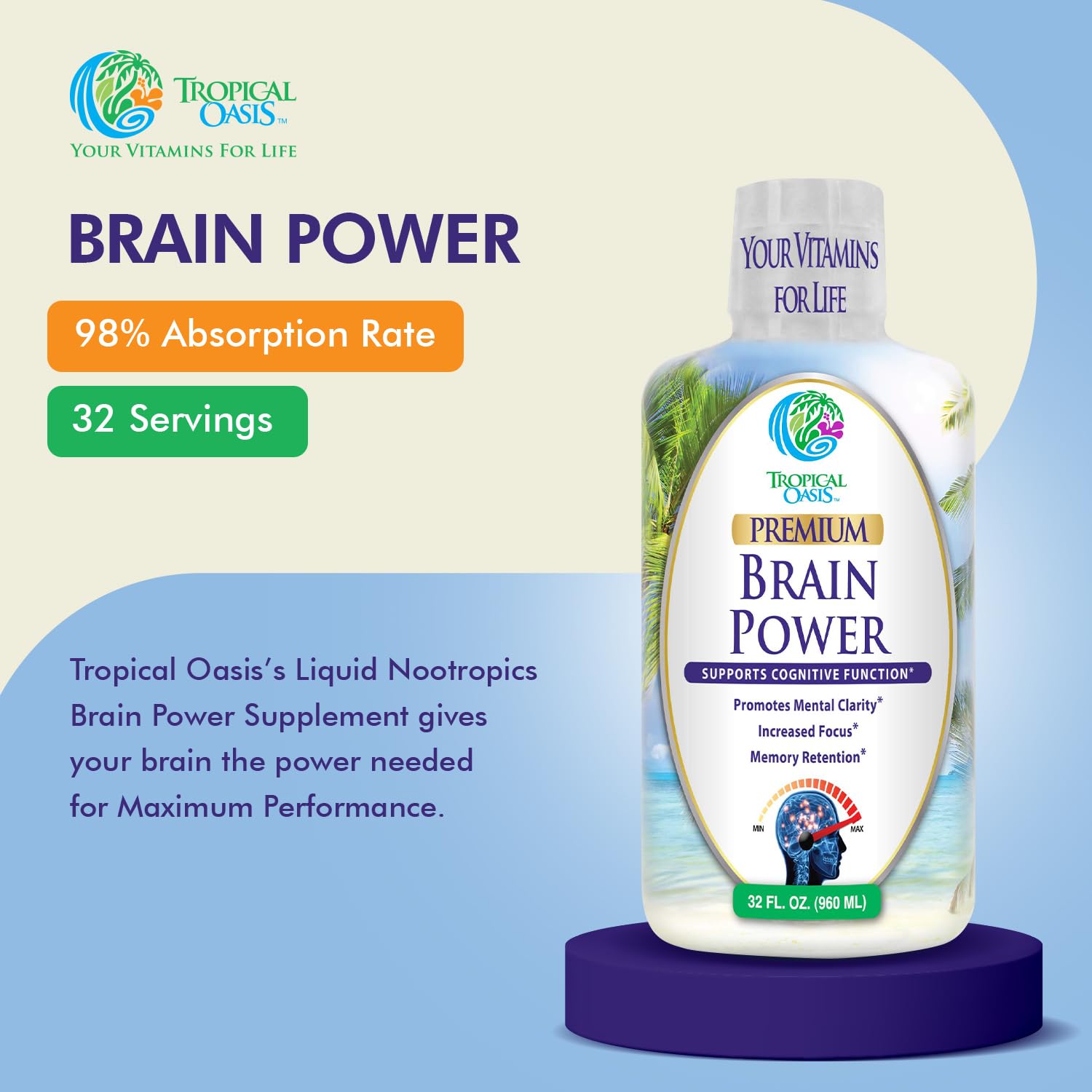 Tropical Oasis - Brain Power | Liquid Nootropic Supplement - Promotes Mental Clarity, Focus, and Memory Retention (Unflavored, 32 Servings) Tropical OasisAu supplements