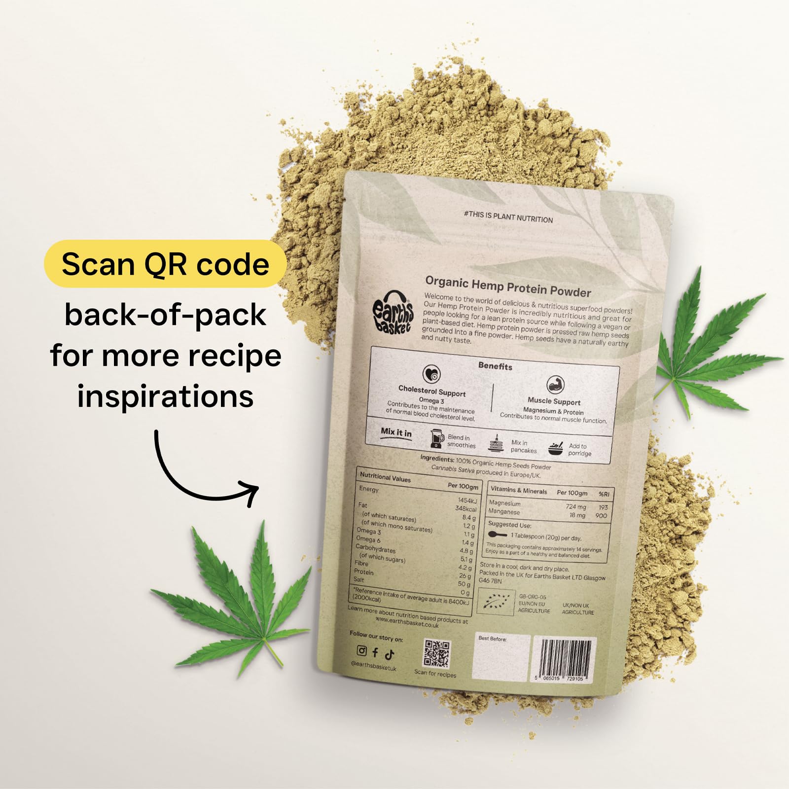 Earths Basket Organic Hemp Protein Powder,280g Natural, Unflavoured, Vegan, Gluten Free EARTHS BASKETAu supplements