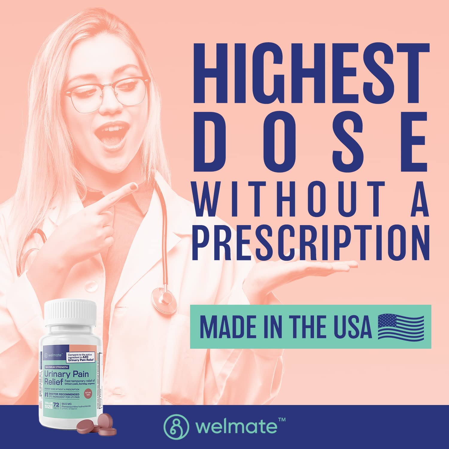 WELMATE Urinary Pain UTI Relief Maximum Strength (Phenazopyridine HCL) - Improve Urinary Tract Health & Bladder Control, Urgency, & Discomfort | Over-The-Counter Medication for Men & Women (72 Pills) WELMATEAu supplements