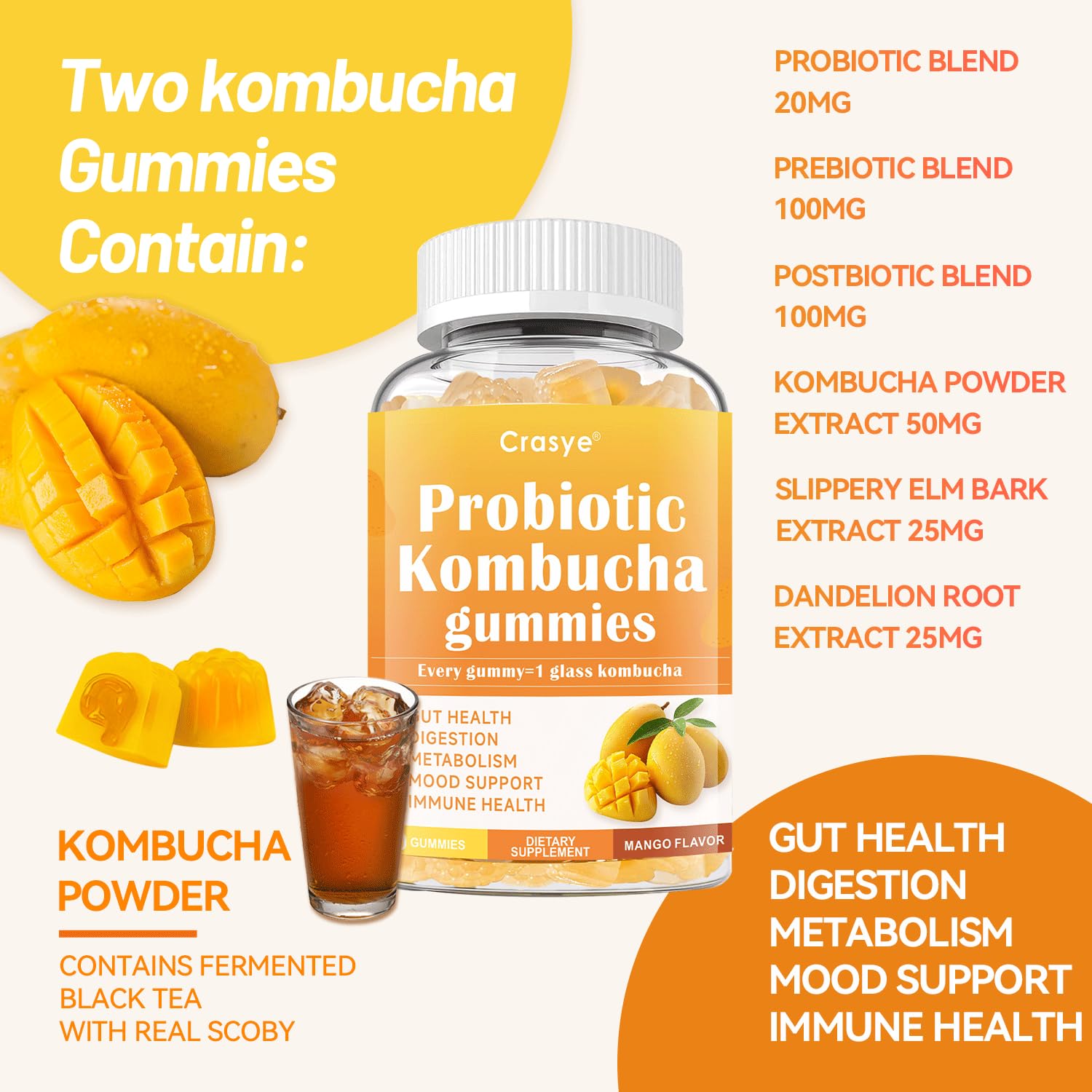 Crasye Probiotic Kombucha Gummies Sugar Free Prebiotic Postbiotic Probiotics Gummies with Slippery Elm for Women and Men Bloating Gut Health Immune and Digestive Support - 60 Gummies - 30 Servings CrasyeAu supplements