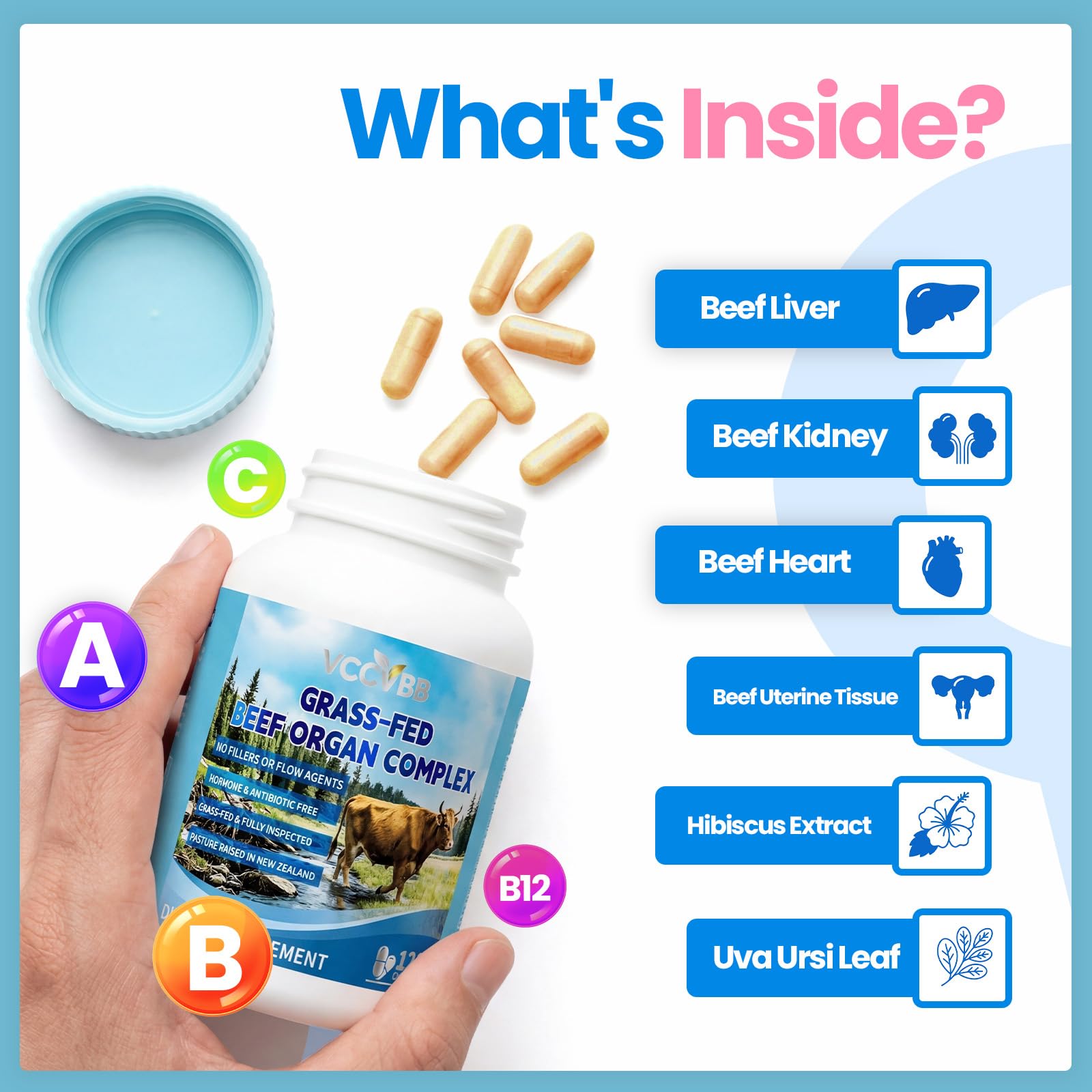 VCCVBB Beef Organ Supplements for Women, Beef Liver, Kidney, Heart, Uterus Tissue, Hormonal Balance, Immune Support,Natural Iron Vitamins Supplements for Energy, Grass Fed Pasture Raised 120 Capsules VCCVBBAu supplements