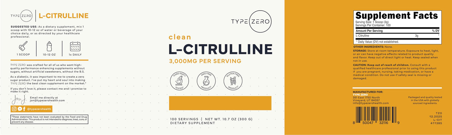 Type Zero L-Citrulline Base Powder, 3,000mg Per Serving - 100 Servings Type ZeroUS supplements
