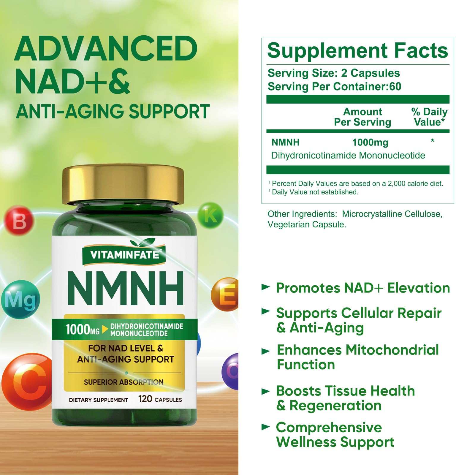 VITAMINFATE NMNH Supplement 1000 mg - 120 Capsules | NMN Alternative | Supports Anti-Aging, Cellular Energy and Repair, Metabolism & Brain Boost VITAMINFATEAu supplements