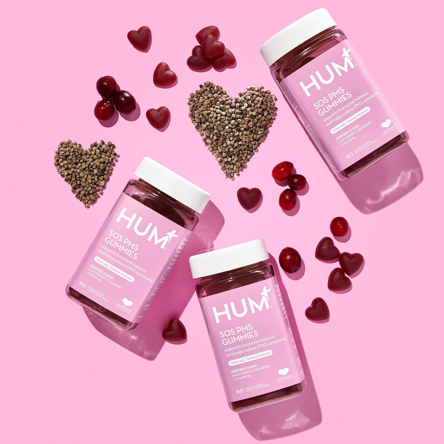 HUM Nutrition SOS PMS Gummies, PMS Support Supplement for Women, Support Cycle Symptoms, Bloating, Hormonal Balance, Includes Vitamin B6, Cranberry & Chasteberry Vitex, Gluten Free, 60 Vegan Gummies HUMUS supplements