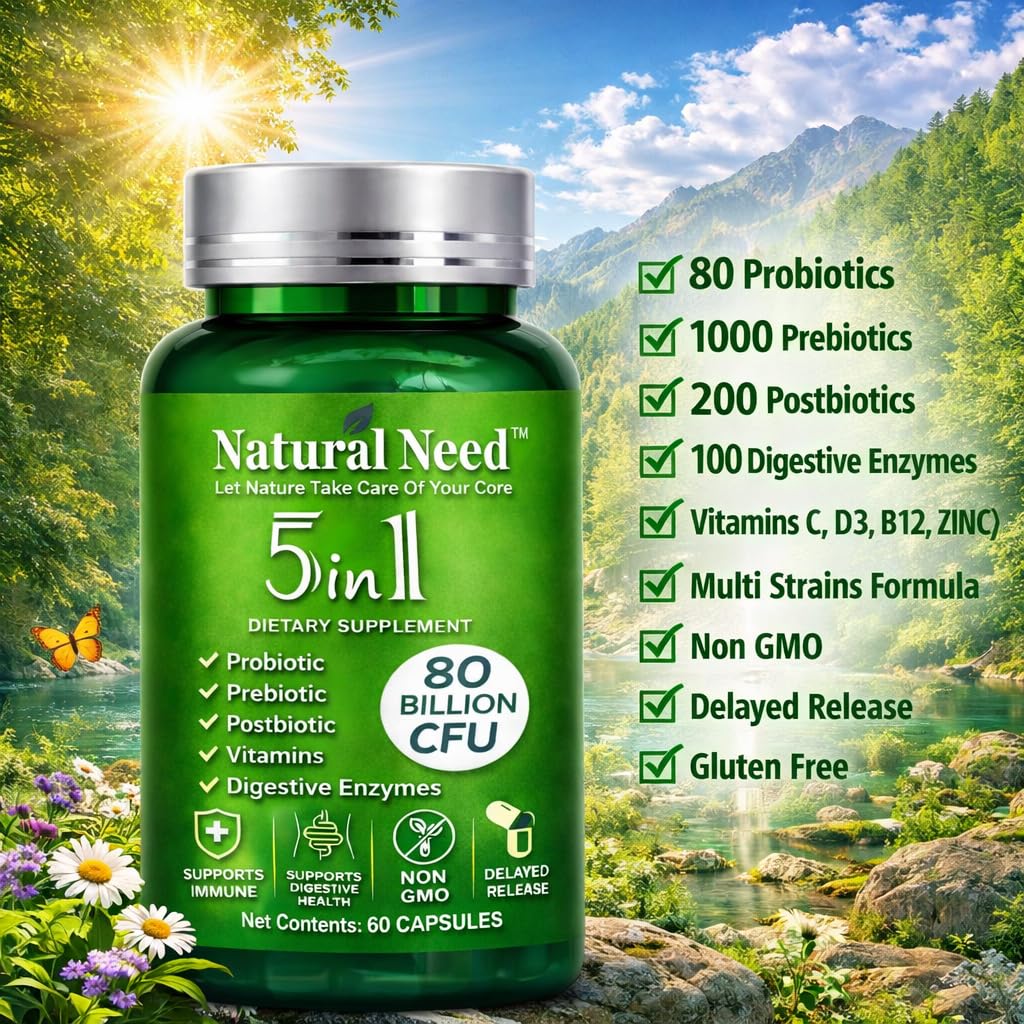 NATURAL NEED™ Gut Health – 5-in-1 Formula with Probiotics, Prebiotics, Postbiotics, Enzymes & Vitamins (C,D3,B12,Zinc) – Delayed Release Capsule – Supports Overall Digestion, Immunity & Gut – 60 Vegan NATURAL NEEDAu supplements
