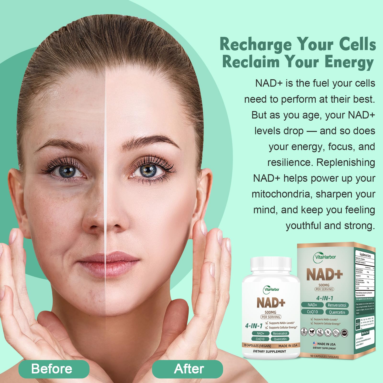 NAD Supplement 500mg, Pure Organic NAD+ Supplement for Women & Men, NAD+ with Trans-Resveratrol & CoQ10 & Quercetin for Cellular Energy & Healthy Aging, NMN Alternative (90 Vegan Caps) VitaHarborAu supplements