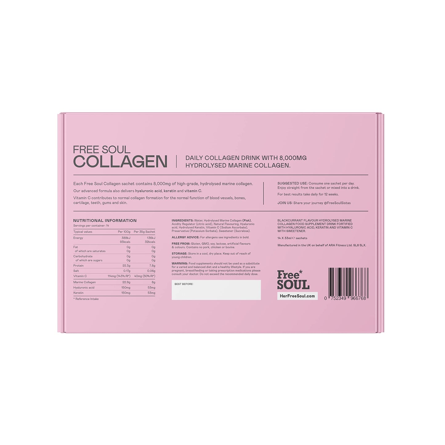 Marine Collagen Liquid 8000mg with Hyaluronic Acid, Keratin, & Vitamin C, 14 x 8000mg Hydrolysed Collagen Free SoulUS supplements