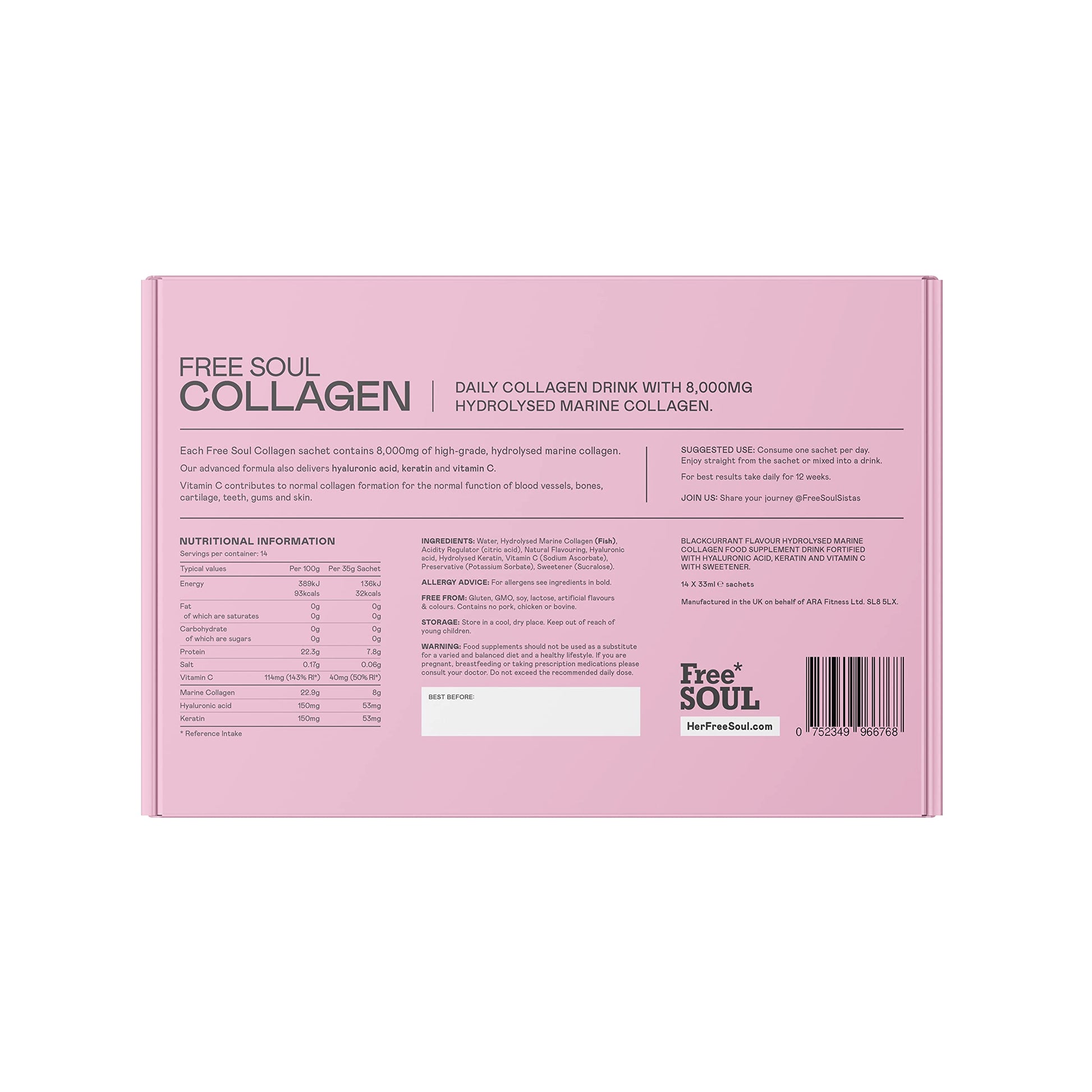 Marine Collagen Liquid 8000mg with Hyaluronic Acid, Keratin, & Vitamin C, 14 x 8000mg Hydrolysed Collagen Free SoulAu supplements