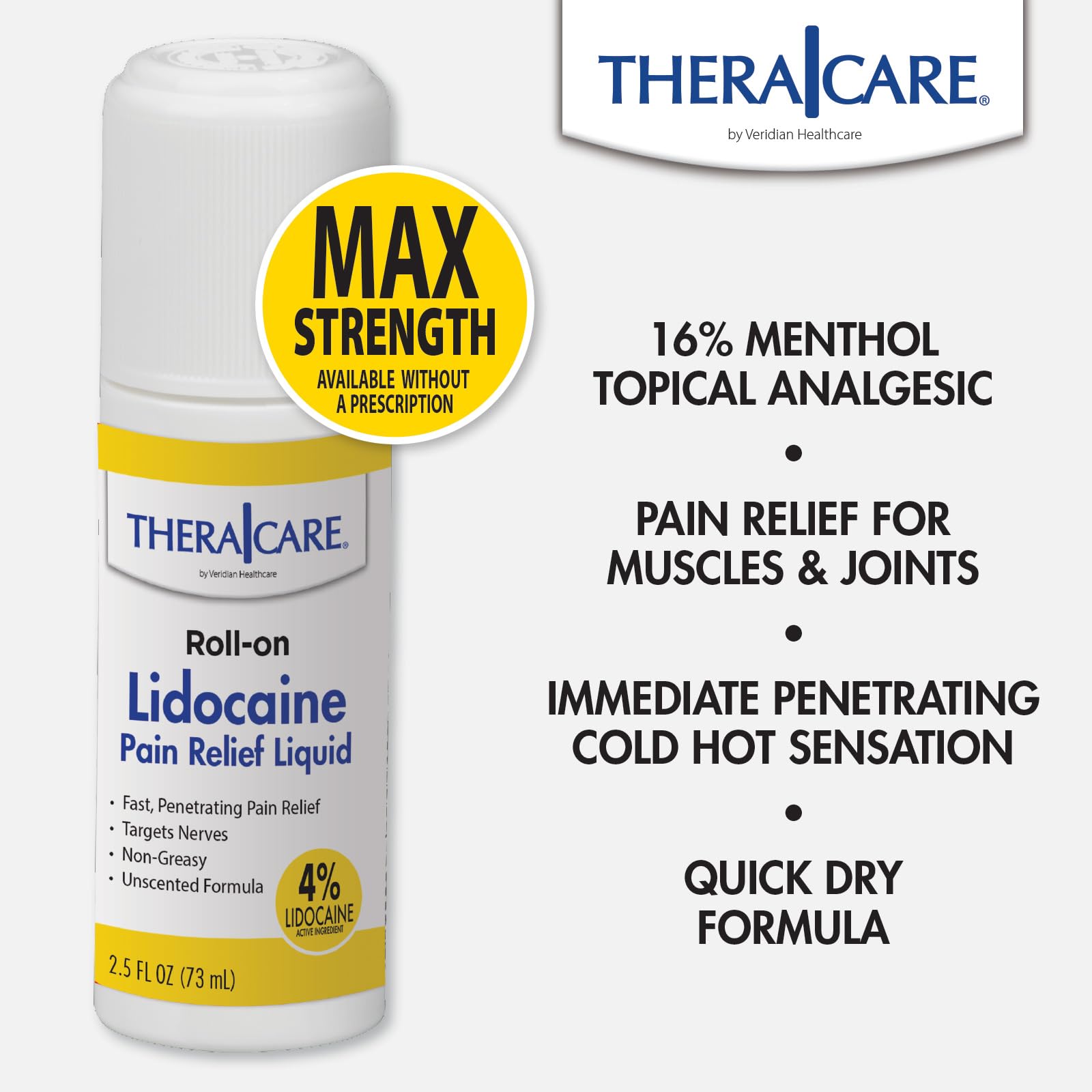 TheraCare 4% Lidocaine Roll-On | OTC Strength | Pain Relief Liquid | 2.5 oz. 73 mL | Non-Greasy, Unscented Formula | Topical Anesthetic Thera CareAu supplements