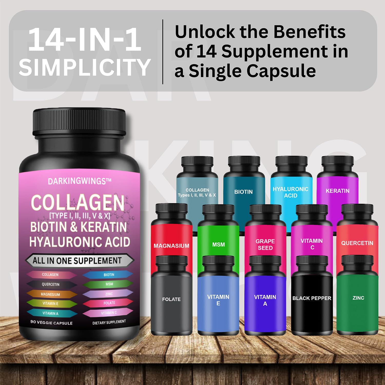 Multi Collagen Pills Peptides Types I, II, III, V & X MCG Biotin Keratin Hyaluronic Acid MSM Vitamin C Zinc Magnesium with Grape Seed Extract, Quercetin - Hair Skin and Nails Vitamins Capsule DarkingwingsAu supplements