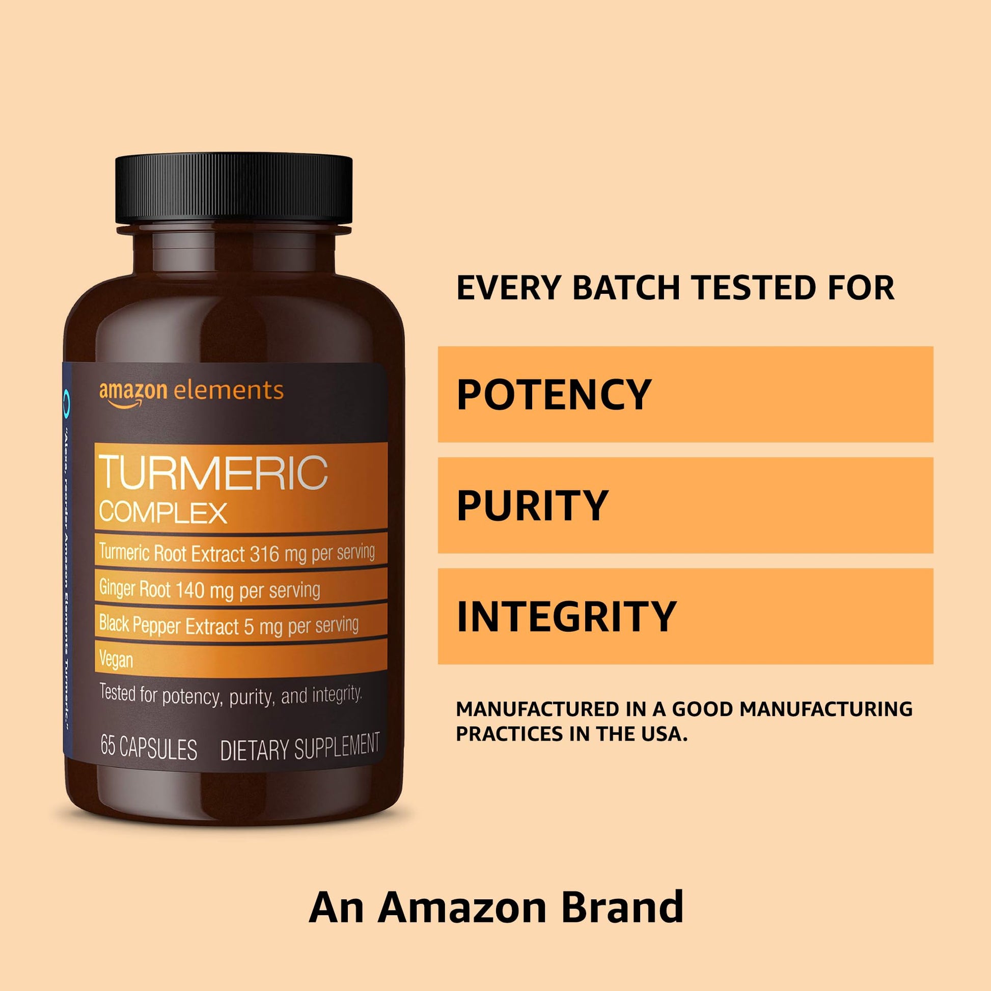 Amazon Elements Turmeric Complex, 316 mg Curcumin, 140 mg Ginger, 5 mg Black Amazon ElementsUS supplements