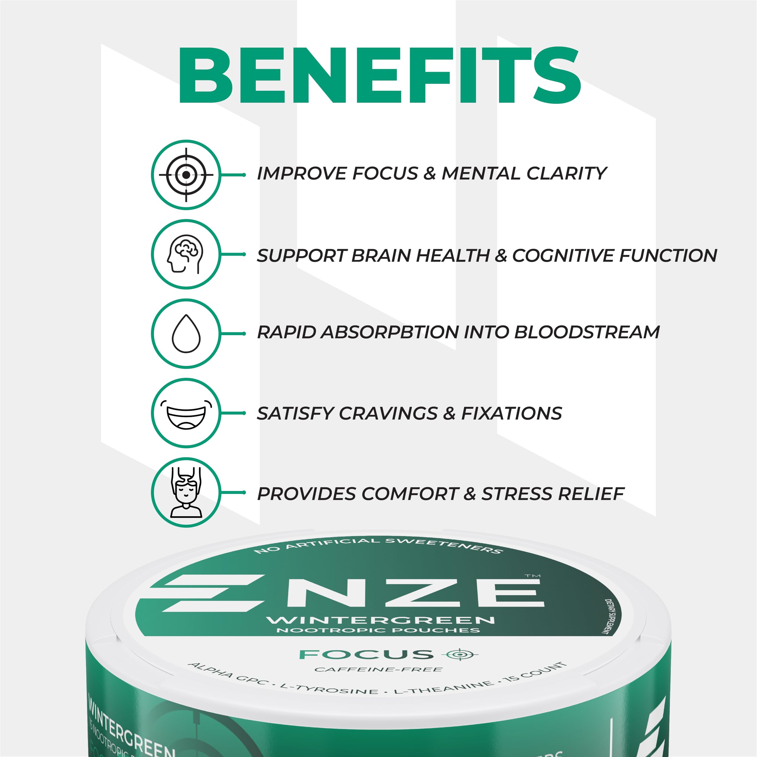 NZE Caffeine Free Nootropic Pouches (Wintergreen) - Nootropic Pouches with Alpha GPC, L-Tyrosine & L-Theanine - No Sugar or Artificial Sweeteners - 15 Pouches Per Can - 5 Pack NZEAu supplements