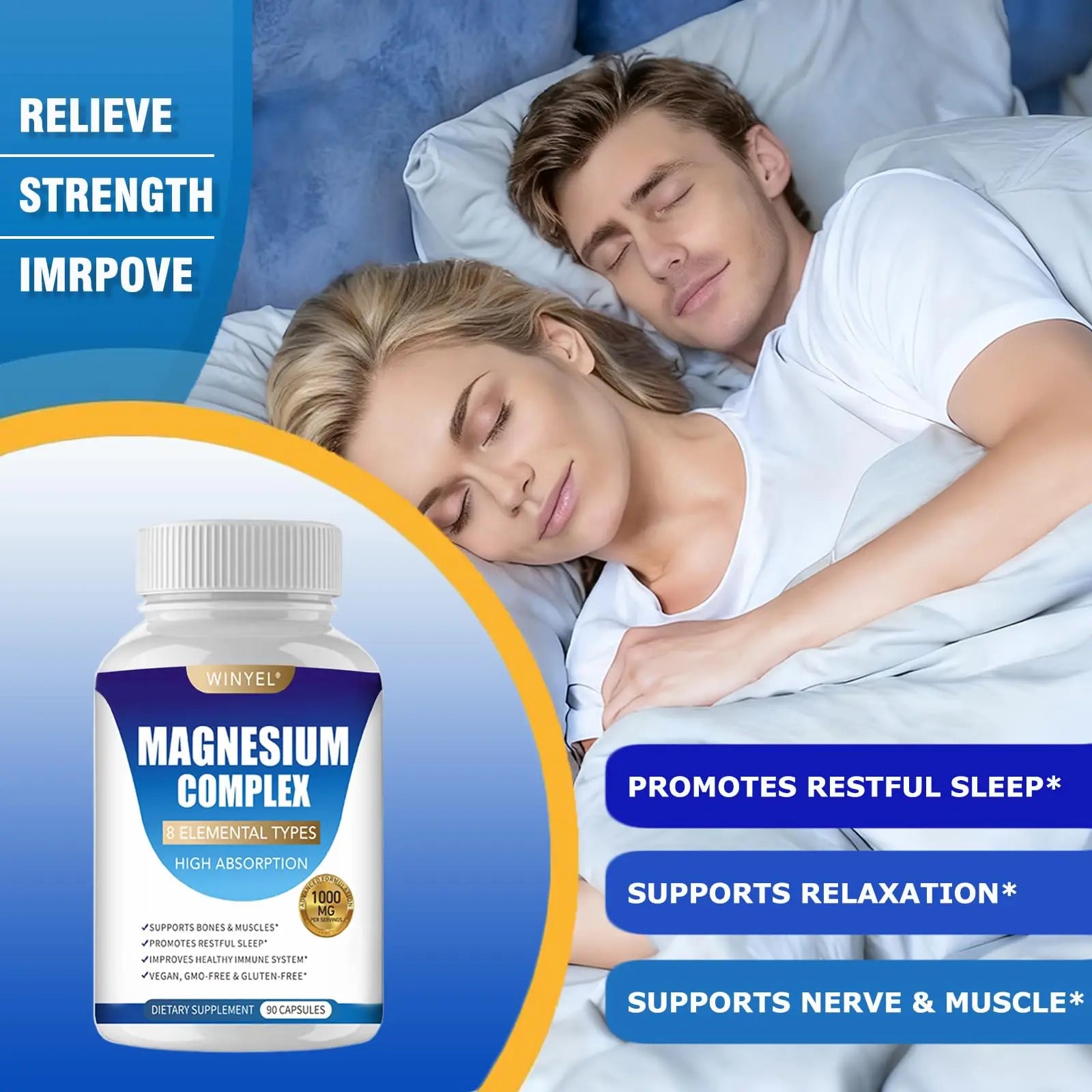 Magnesium Complex Supplement 8 Elemental 1000mg | Magnesium Supplement with Glycinate, Malate, Citrate | Sleep, Relaxation, Bone & Muscle | Vegan 90 Capsules WINYELnz supplements