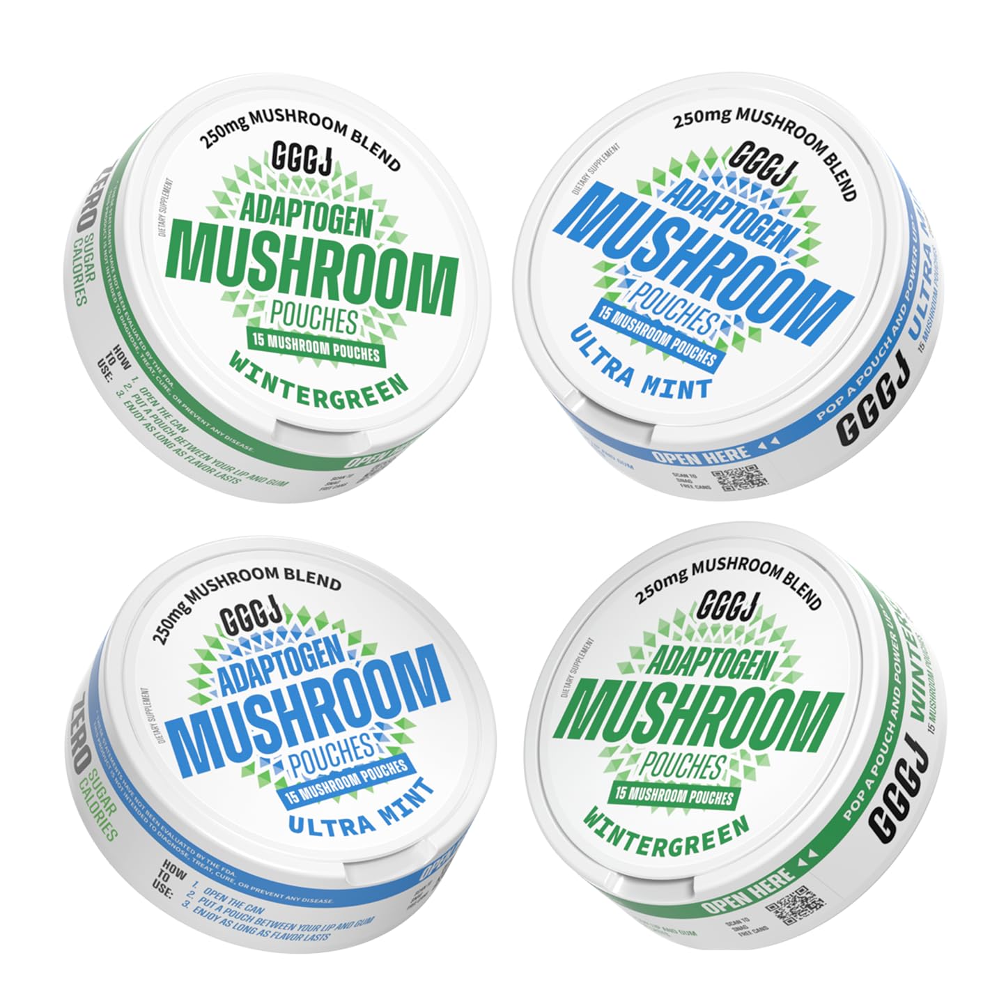 Adaptogen Mushroom Nootropic Pouches (4 Pack Bundle) - 250mg Mushroom Blend + 165mg Energy Blend, Nicotine Free & Caffeine Free, Ultra Pouch with Lion's Mane, Cordyceps, Reishi, Alpha-GPC, L-Theanine GGGJAu supplements