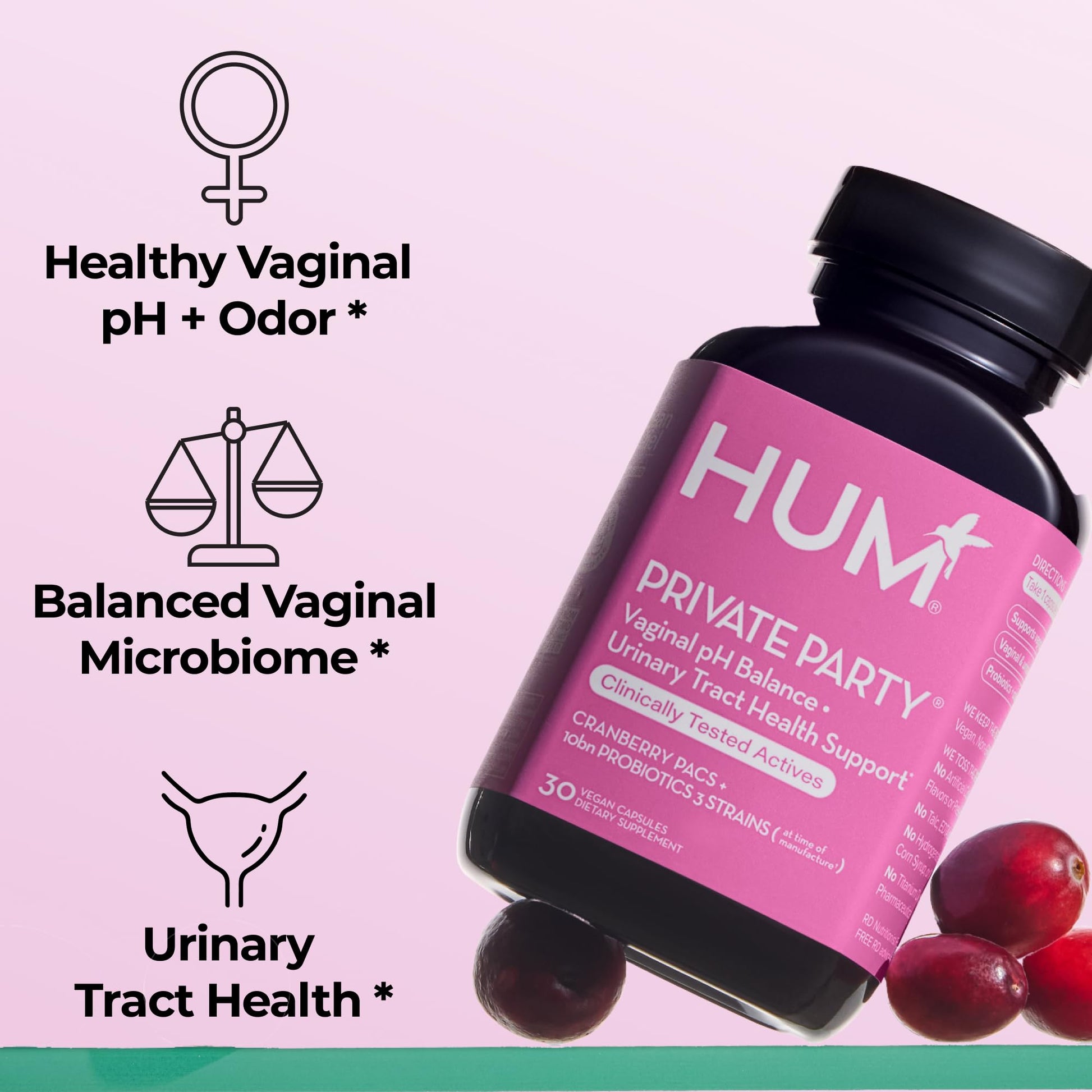 HUM Private Party Vaginal Probiotics for Women, pH Balance and Urinary Tract Support Vaginal Probiotic Supplement with Cranberry & Lactobacillus Blend, Women's Health Cranberry Pills, 30 Capsules HUMUS supplements