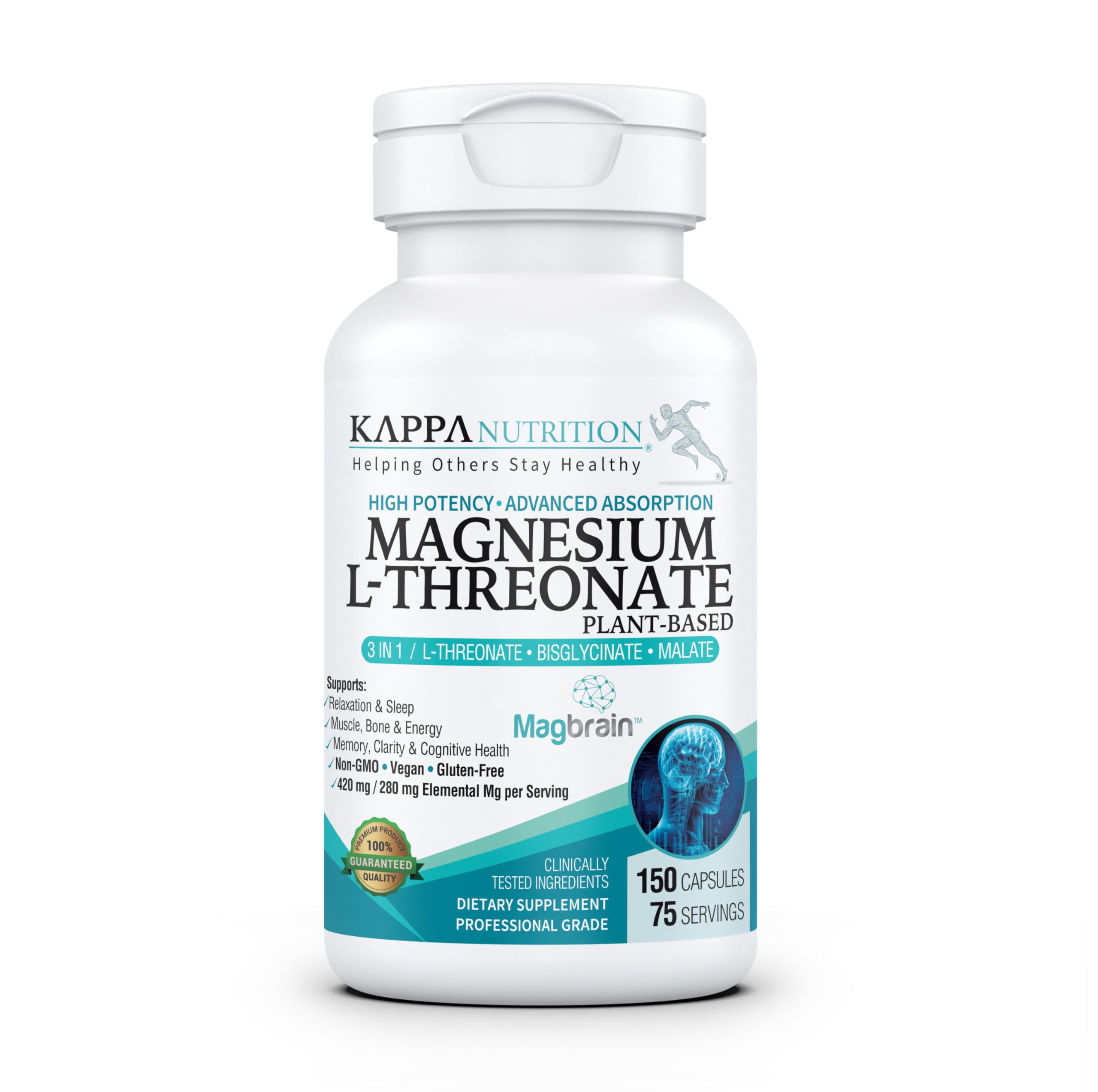 Kappa Nutrition Powered by Magbrain™ Magnesium L-Threonate Plant-Based, 150 Vegan Capsules, 420mg Elemental Magnesium (3 Capsules) from 2,253mg, Brain, Sleep & Muscle Support. KAPPA NUTRITIONAu supplements