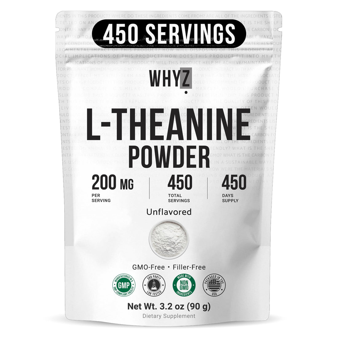 Pure L-Theanine Powder Unflavored Amino Acid Supplement Powder from Fine L-Theanine for Smooth Mixing Vegan Friendly Non-GMO No-Additives for Smoothies Drinks and Daily Nutrition Support, 3.2 oz (90g) WHYZAu supplements