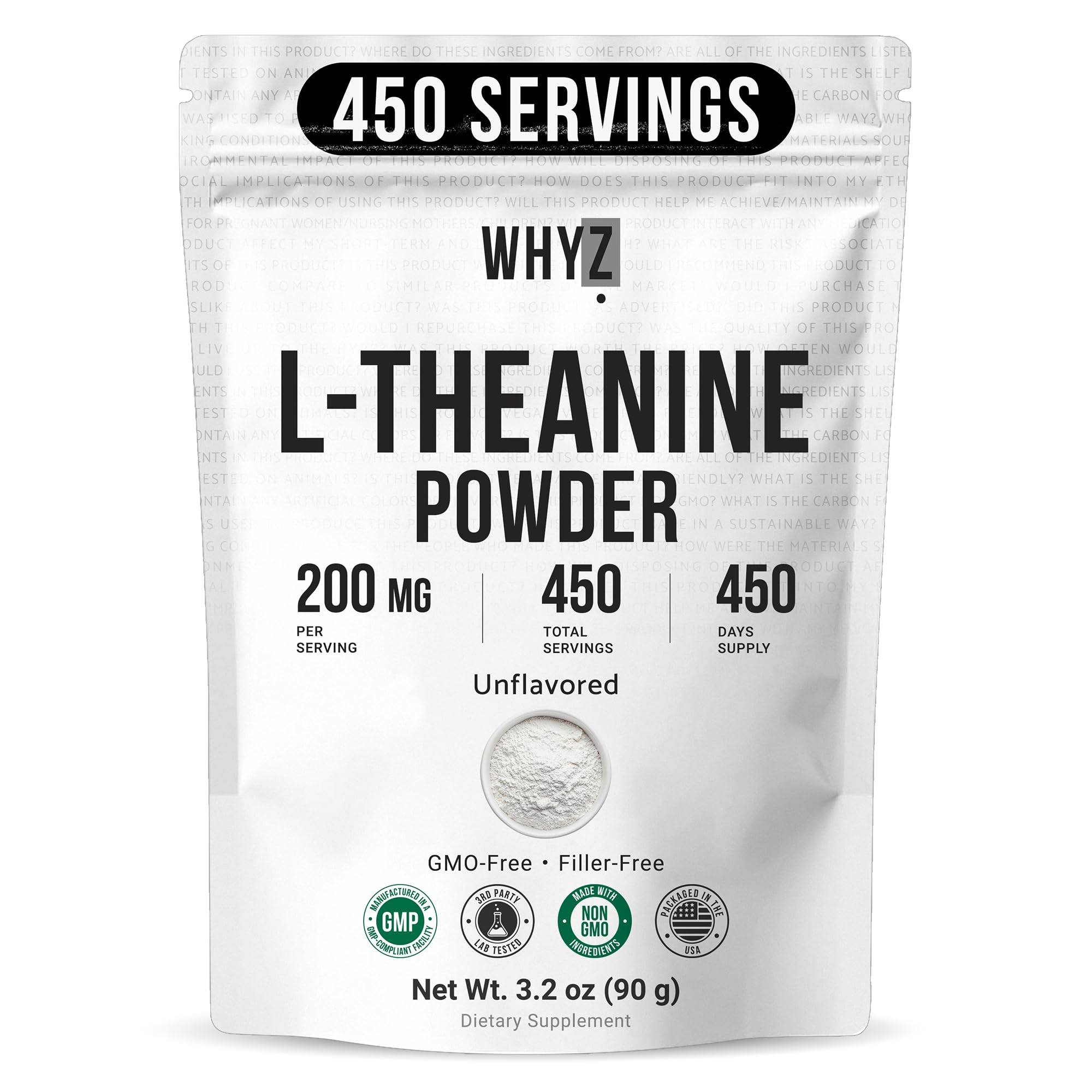 Pure L-Theanine Powder Unflavored Amino Acid Supplement Powder from Fine L-Theanine for Smooth Mixing Vegan Friendly Non-GMO No-Additives for Smoothies Drinks and Daily Nutrition Support, 3.2 oz (90g) WHYZAu supplements