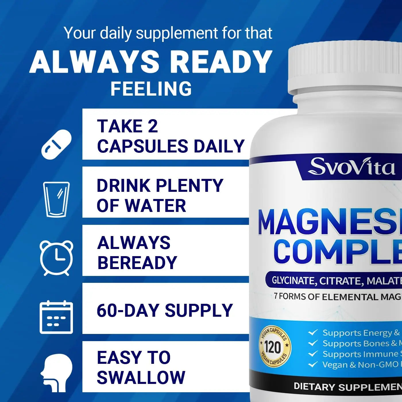 Magnesium Complex Supplement with 7 Forms of Magnesium Glycinate, Malate, Citrate & More, High Absorption for Bones, Muscle, Recovery, Energy, Vegan Non-GMO 120 Capsules Svovitanz supplements