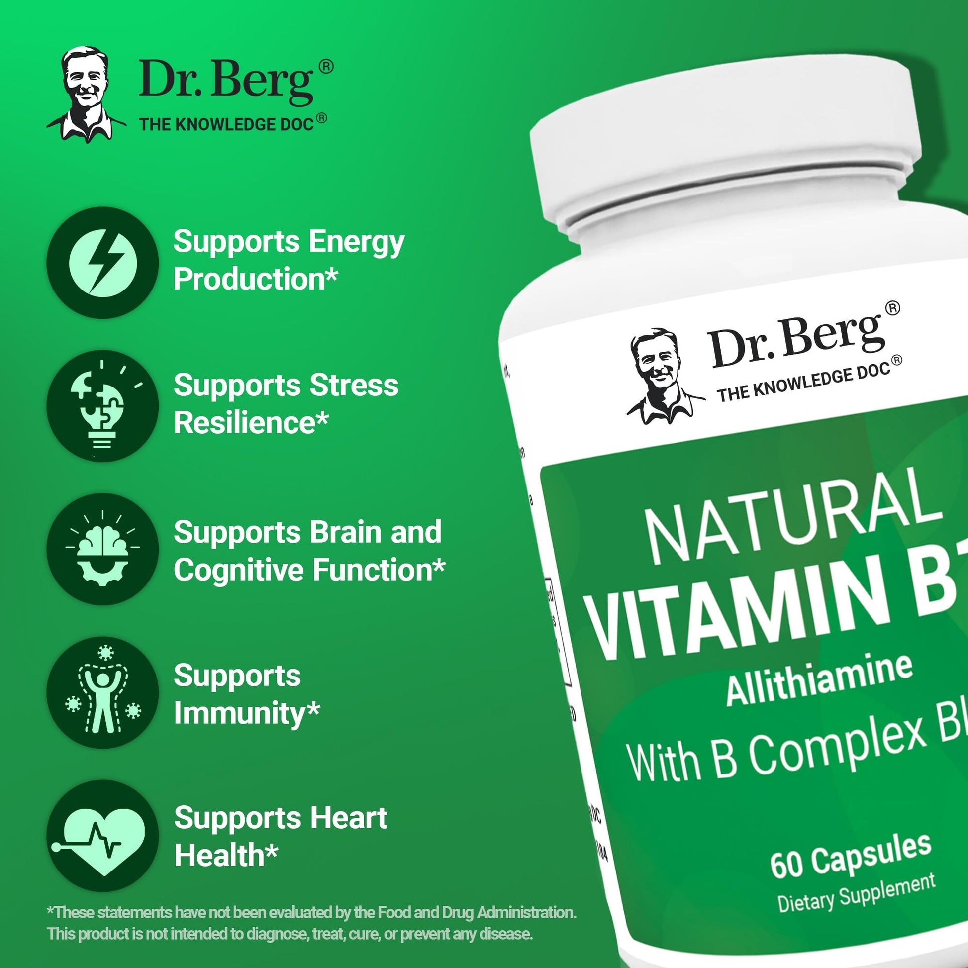 Dr. Berg Natural Vitamin B1 B6 B12 Complex - Allithiamine Vitamin B1 Supplement with 8 Essential Vitamin B Complex for Men & Women Including Thiamin, Niacin, Folate, Magnesium & More - 60 Capsules Dr. Berg NutritionalsAu supplements