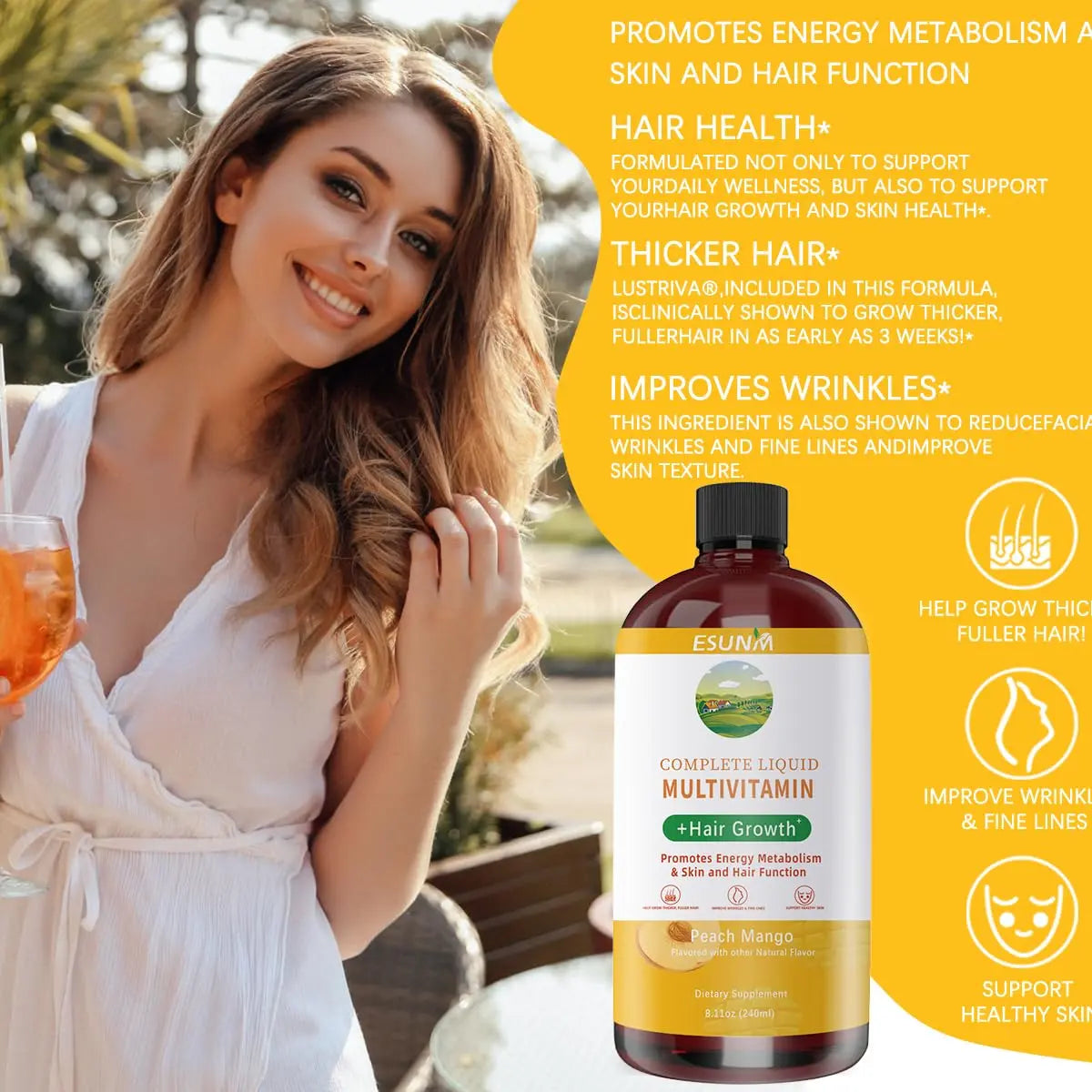 ESUNM Complete Liquid Multivitamin + Hair Growth, Promotes Energy Metabolism& Skin and Hair Function| Vitamin C D | B Vitamins | ESUNMAu supplements
