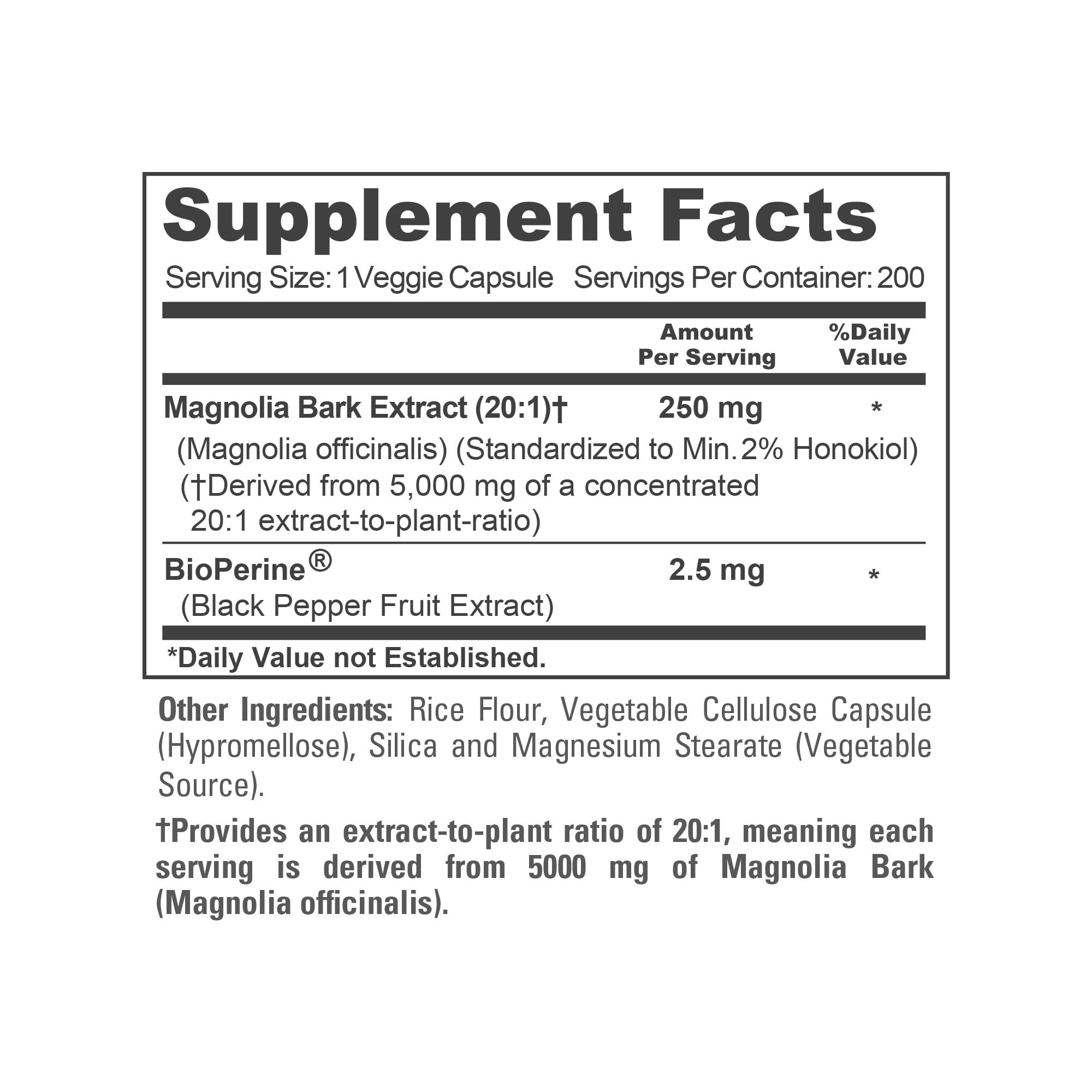 NusaPure Magnolia Bark 20:1 Extract, 250 mg Equivalent to 5,000 mg 200 Vegan Vegetarian Capsules Non-GMO NusaPureAu supplements